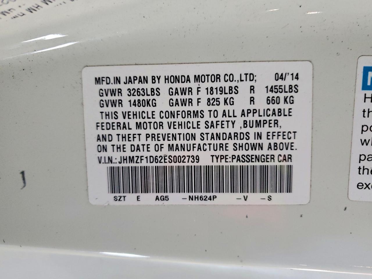2014 Honda Cr-z Ex White vin: JHMZF1D62ES002739