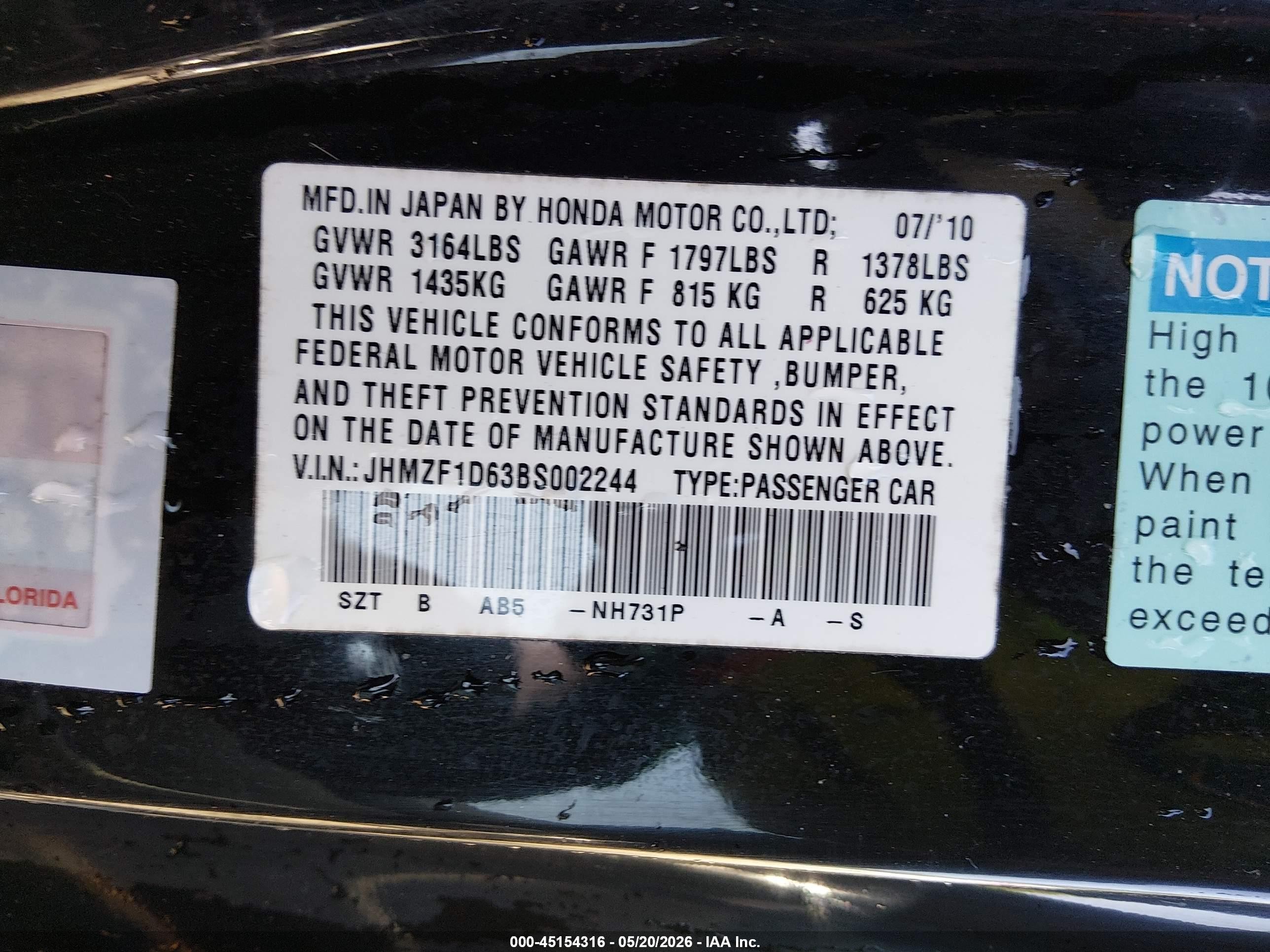 2011 Honda Cr-z Ex Black vin: JHMZF1D63BS002244