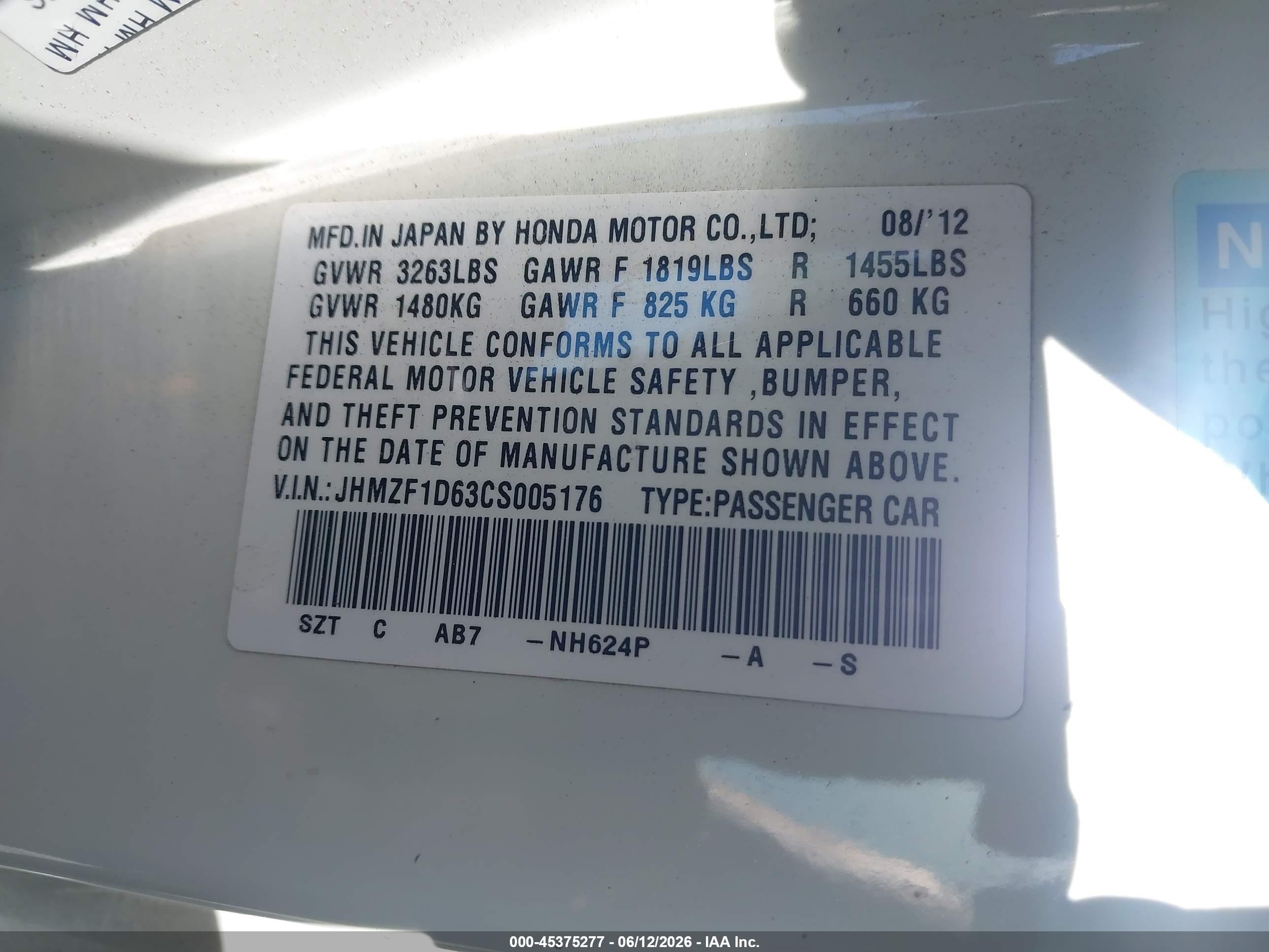 2012 Honda Cr-z Ex White vin: JHMZF1D63CS005176
