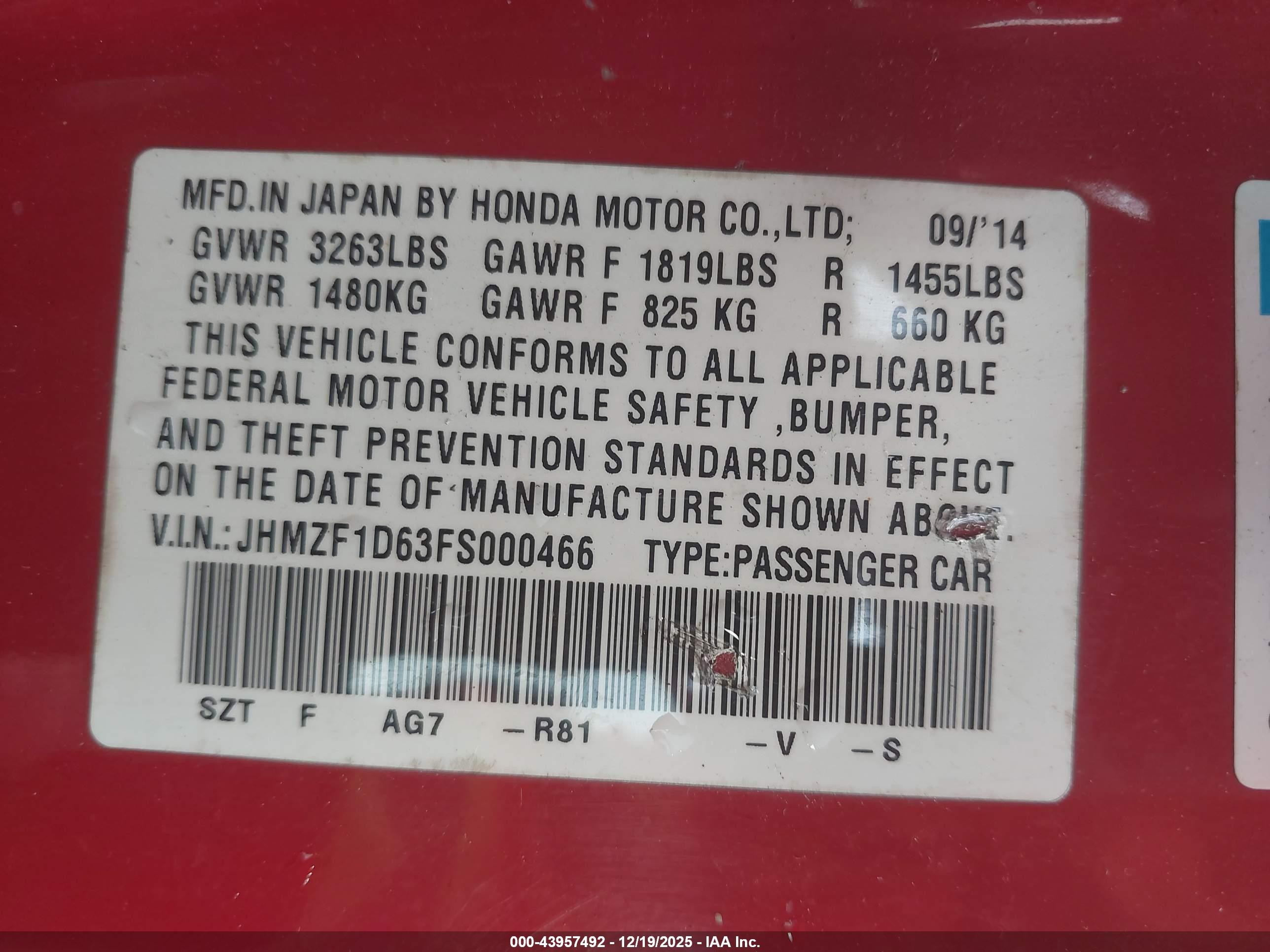 2015 Honda Cr-z Ex Red vin: JHMZF1D63FS000466