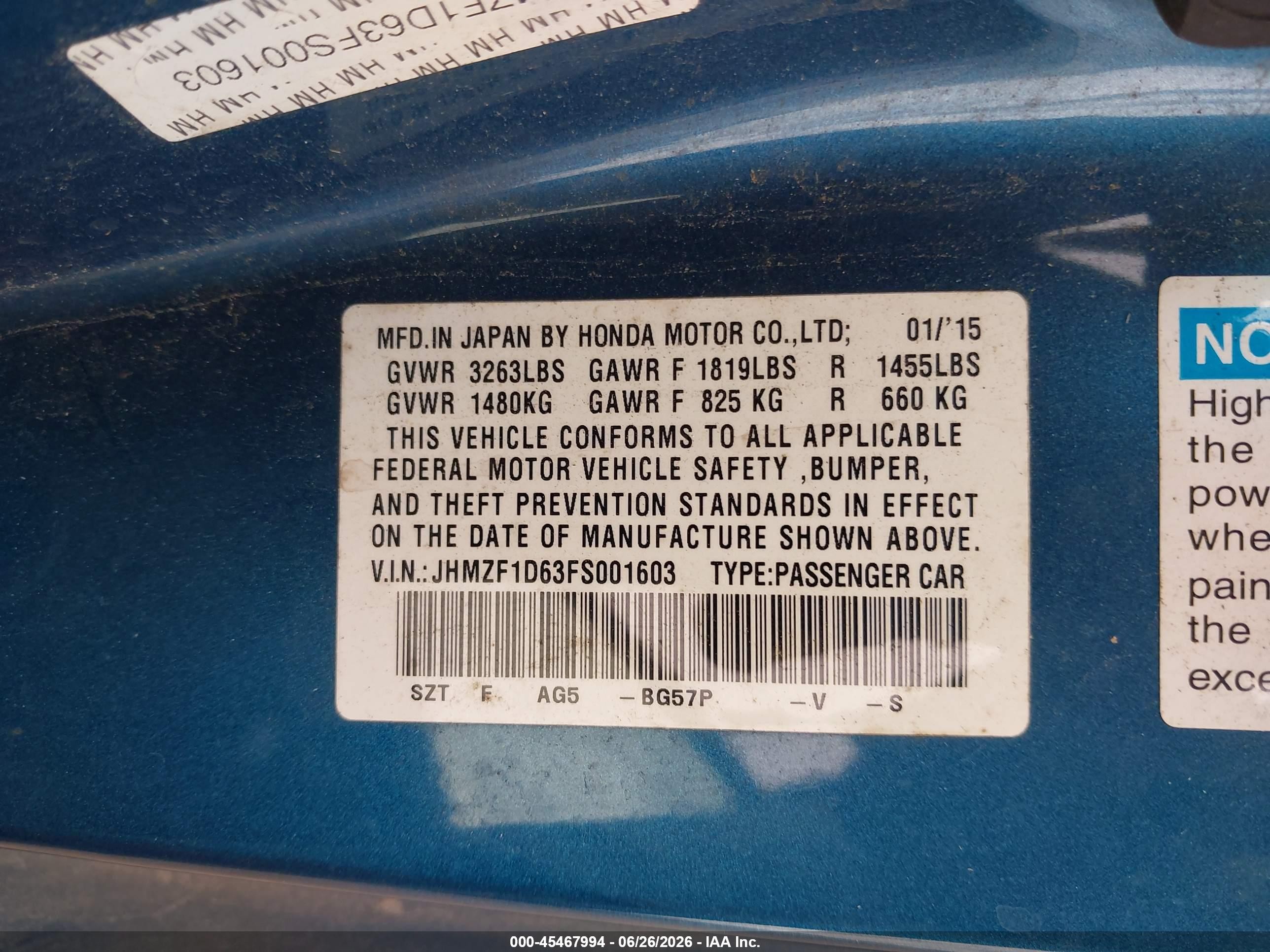 2015 Honda Cr-z Ex Blue vin: JHMZF1D63FS001603