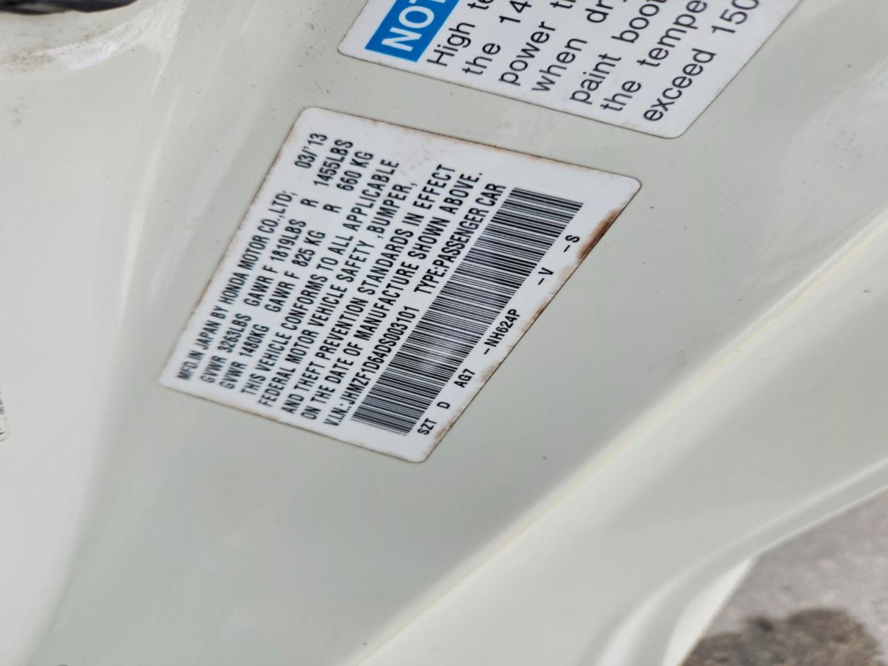2013 Honda Cr-z Ex White vin: JHMZF1D64DS003101