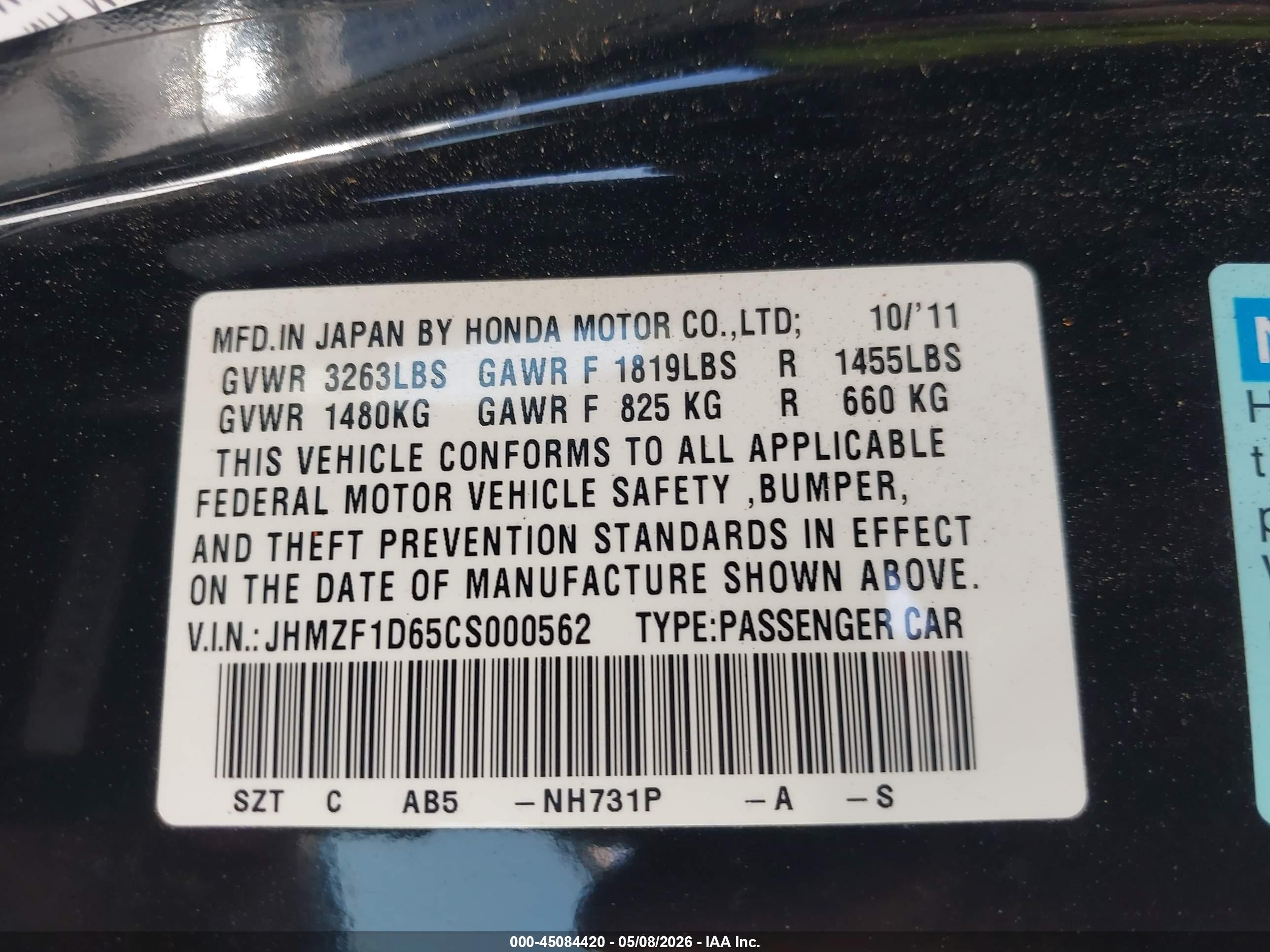 2012 Honda Cr-z Ex Black vin: JHMZF1D65CS000562
