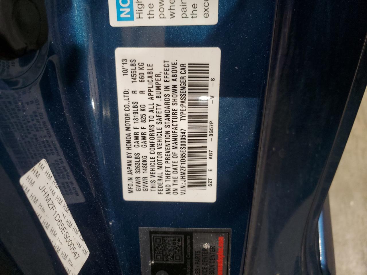 2014 Honda Cr-z Ex Blue vin: JHMZF1D65ES000547