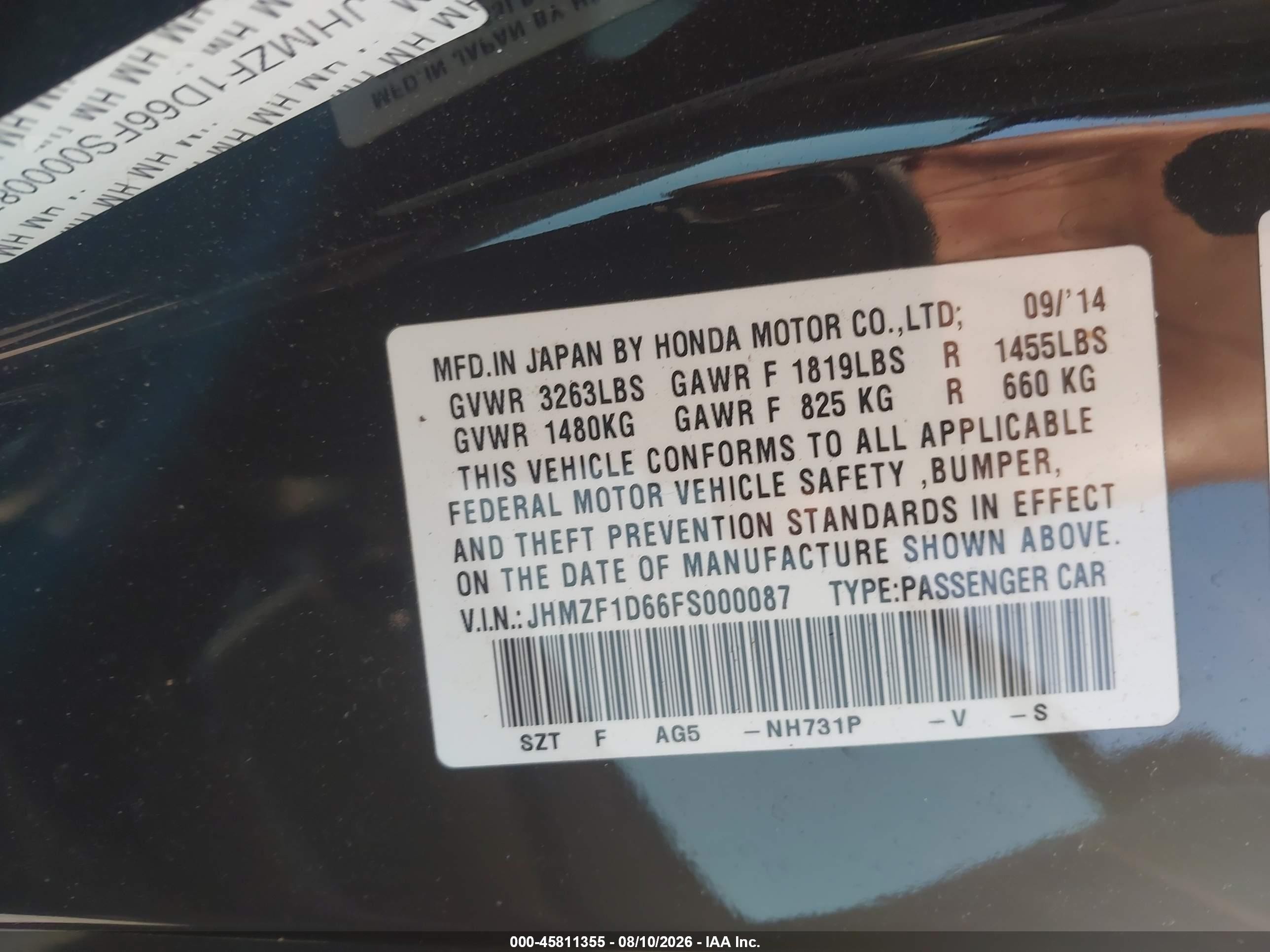 2015 Honda Cr-z Ex Черный vin: JHMZF1D66FS000087