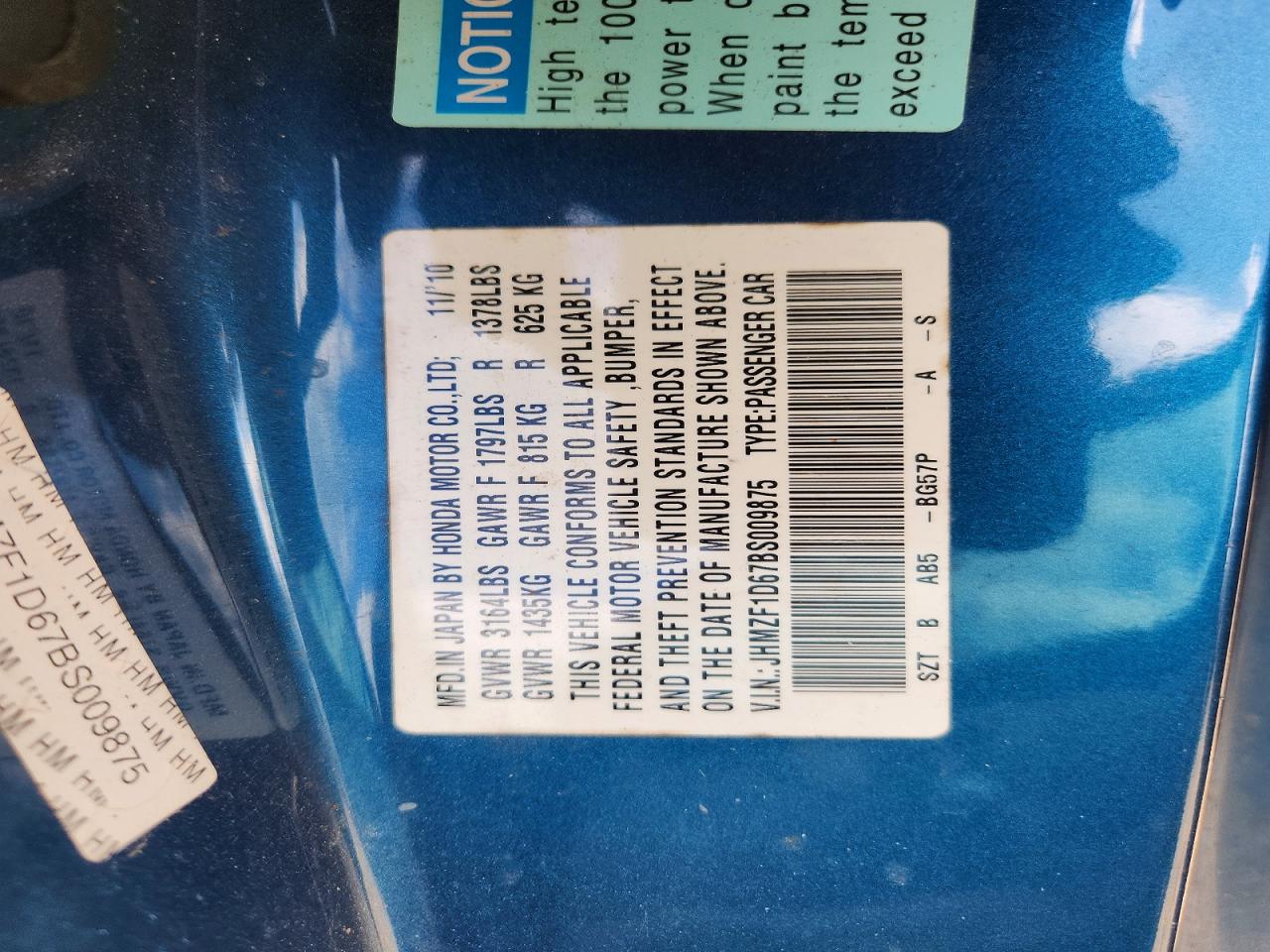 2011 Honda Cr-z Ex Blue vin: JHMZF1D67BS009875