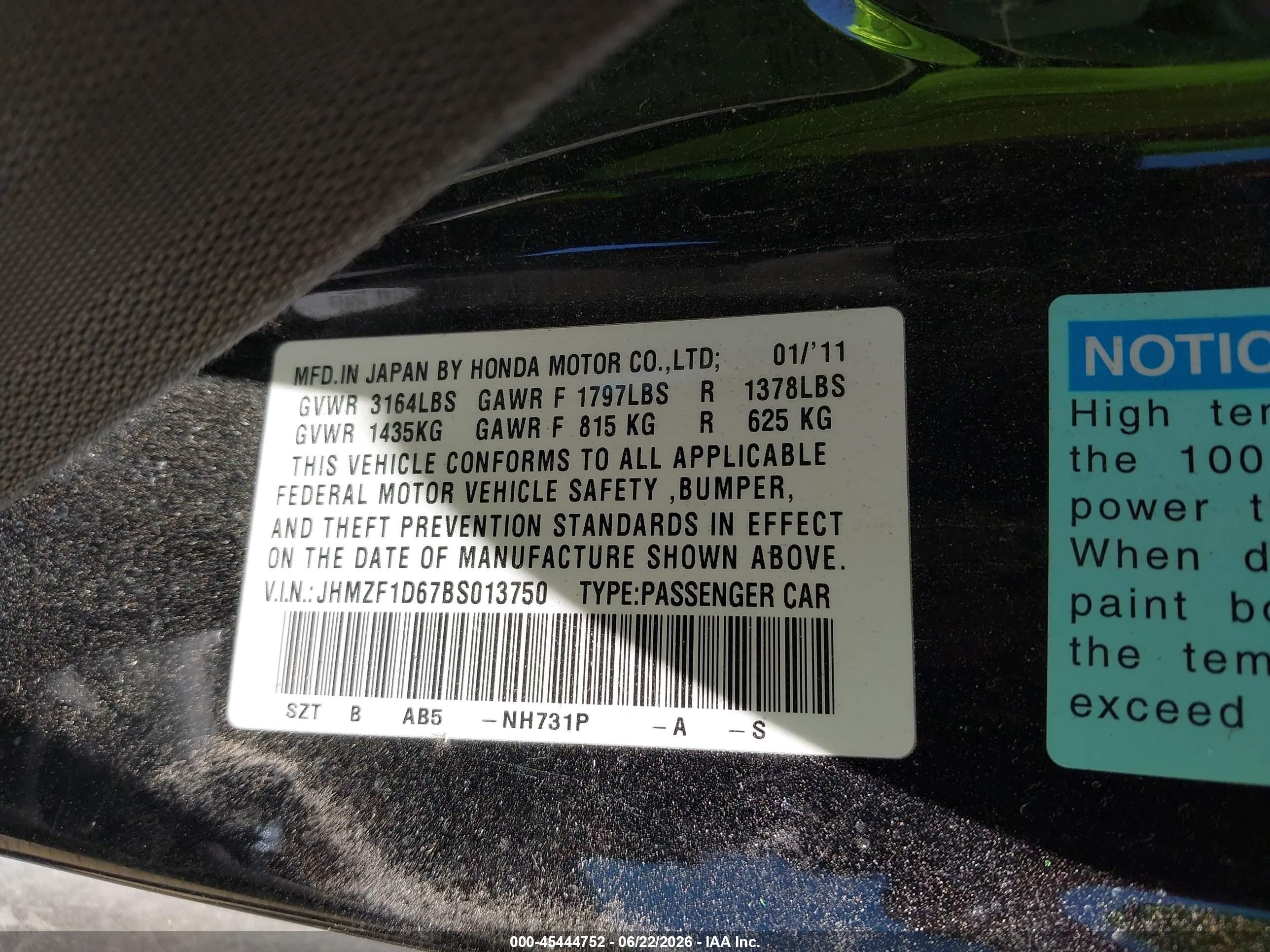 2011 Honda Cr-z Ex Black vin: JHMZF1D67BS013750