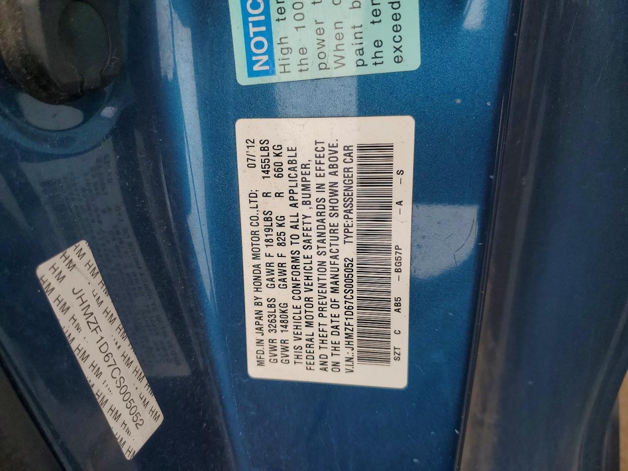 2012 Honda Cr-z Ex Blue vin: JHMZF1D67CS005052