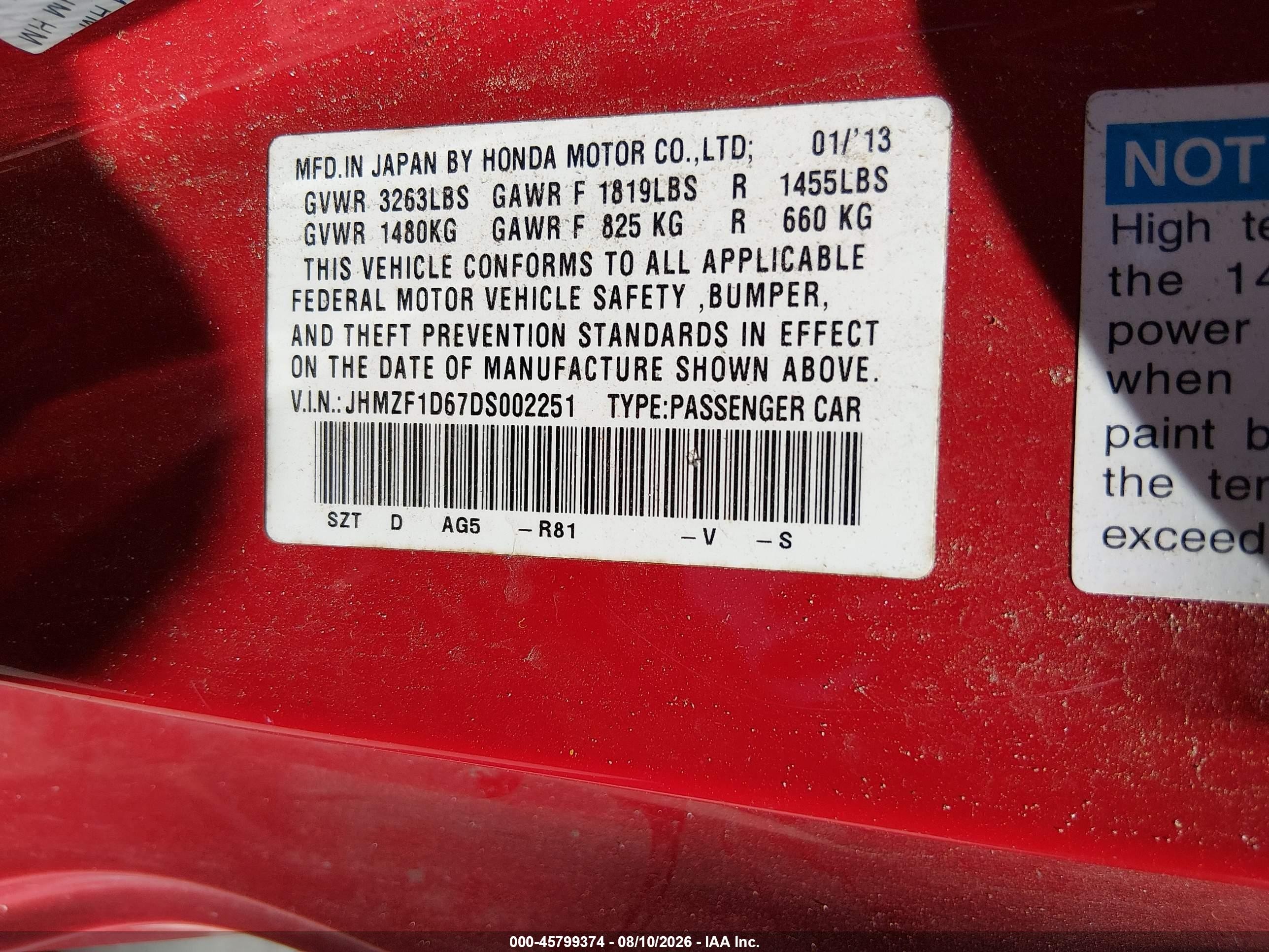 2013 Honda Cr-z Ex Red vin: JHMZF1D67DS002251