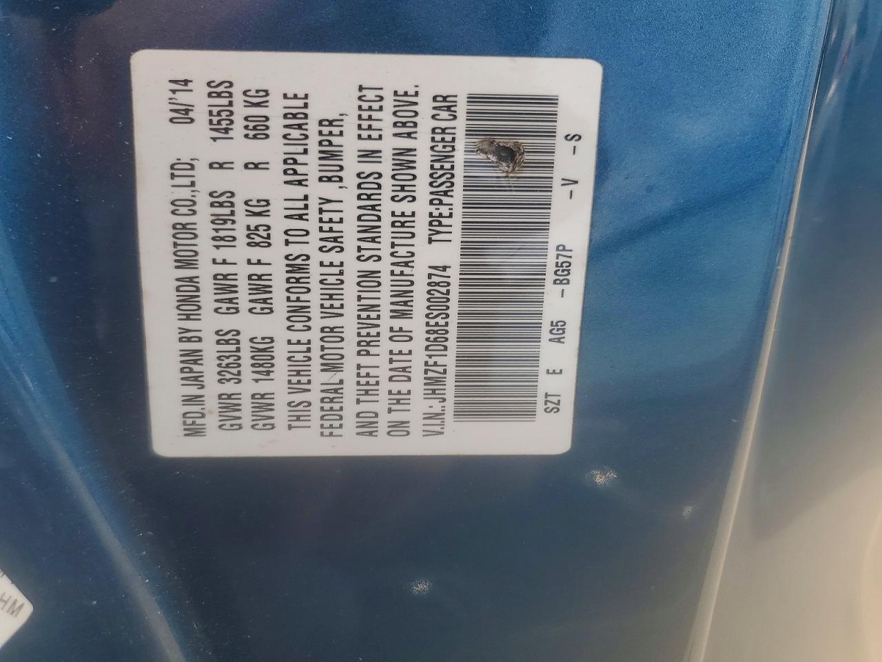 2014 Honda Cr-z Ex Blue vin: JHMZF1D68ES002874