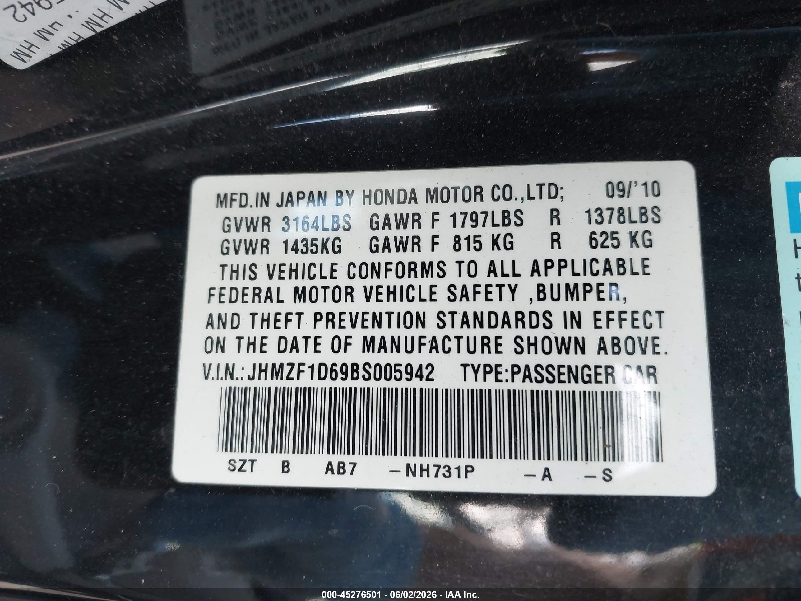 2011 Honda Cr-z Ex Black vin: JHMZF1D69BS005942