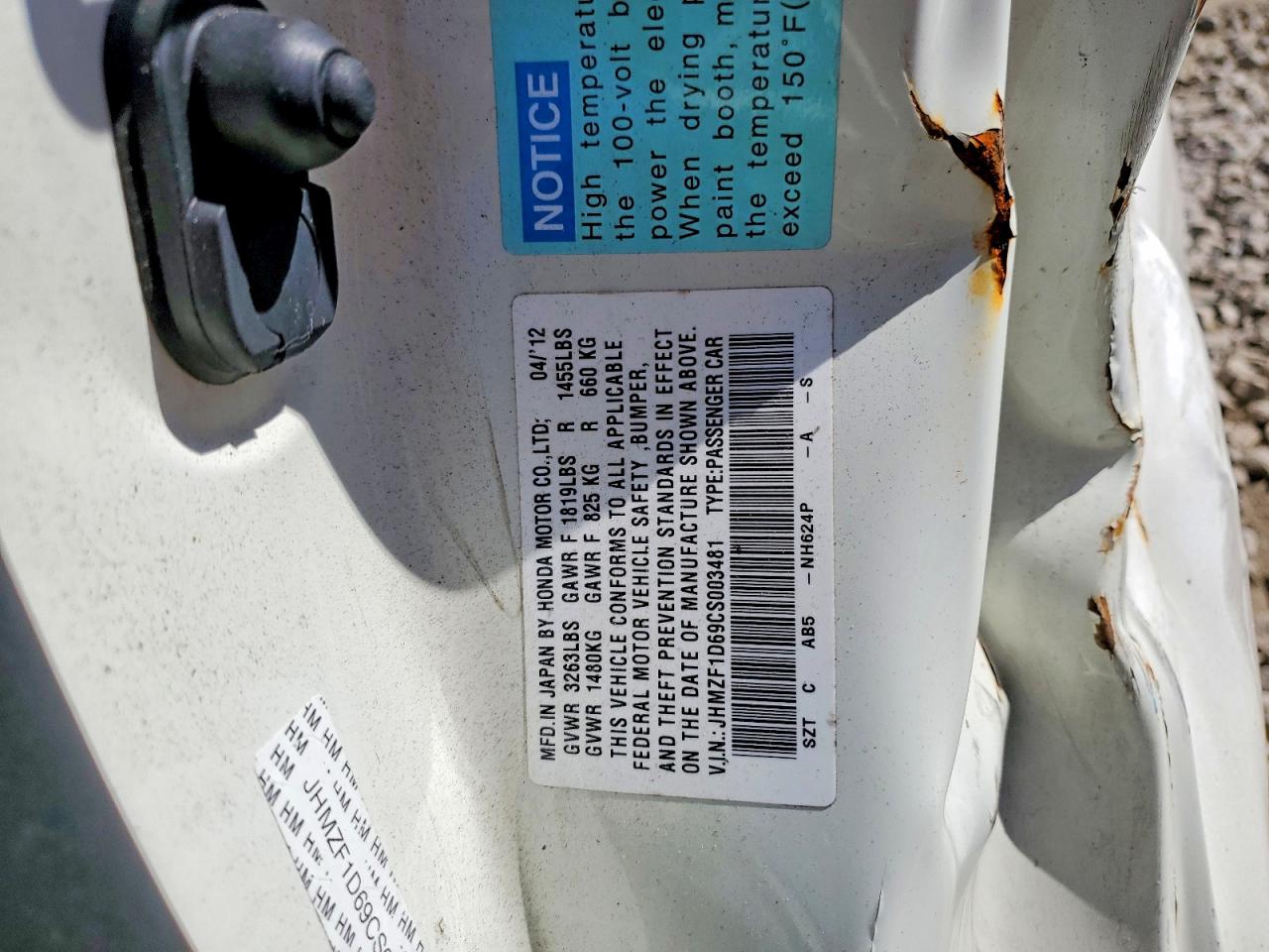 2012 Honda Cr-z Ex White vin: JHMZF1D69CS003481