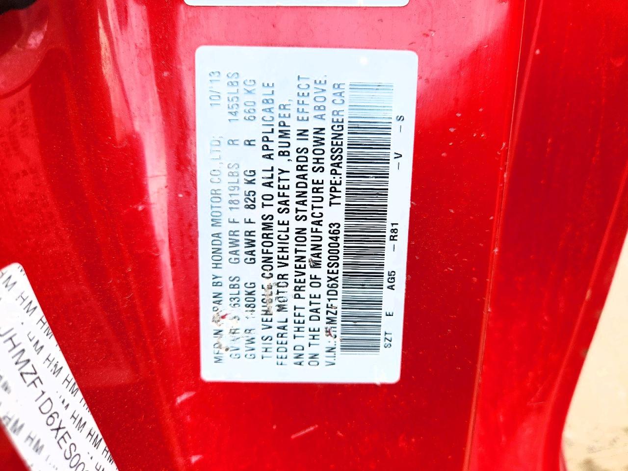 2014 Honda Cr-z Ex Red vin: JHMZF1D6XES000463