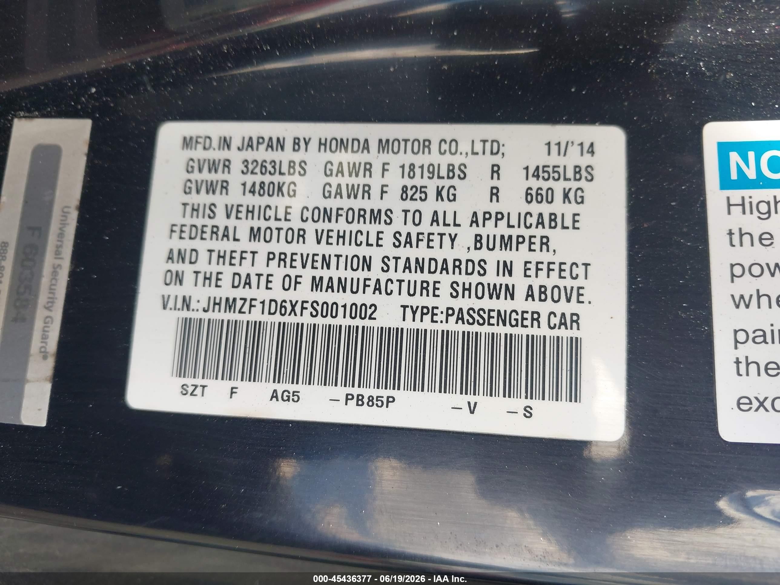 2015 Honda Cr-z Ex Purple vin: JHMZF1D6XFS001002