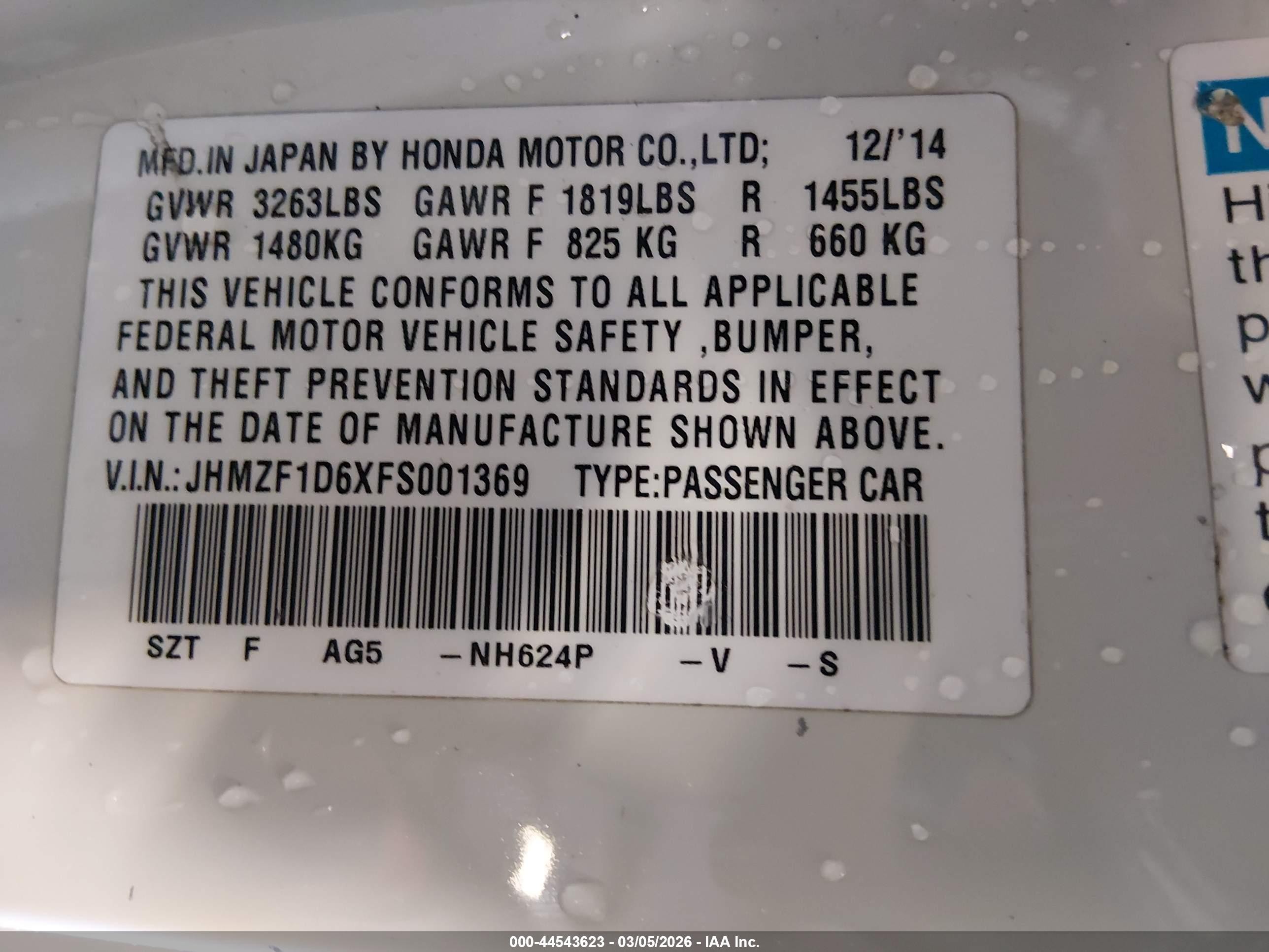 2015 Honda Cr-z Ex White vin: JHMZF1D6XFS001369