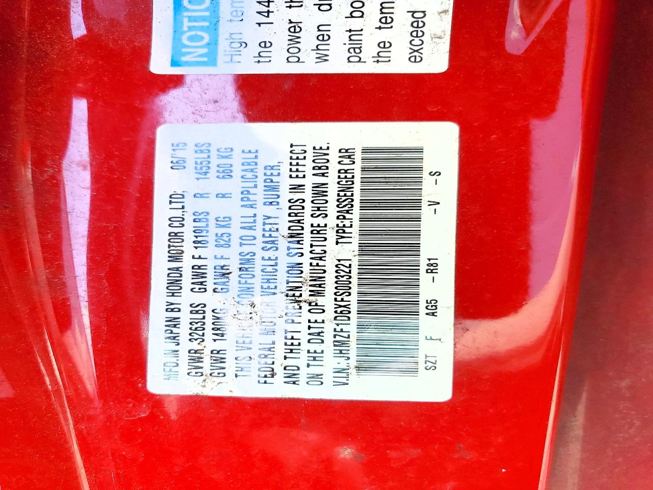 2015 Honda Cr-z Ex Red vin: JHMZF1D6XFS003221
