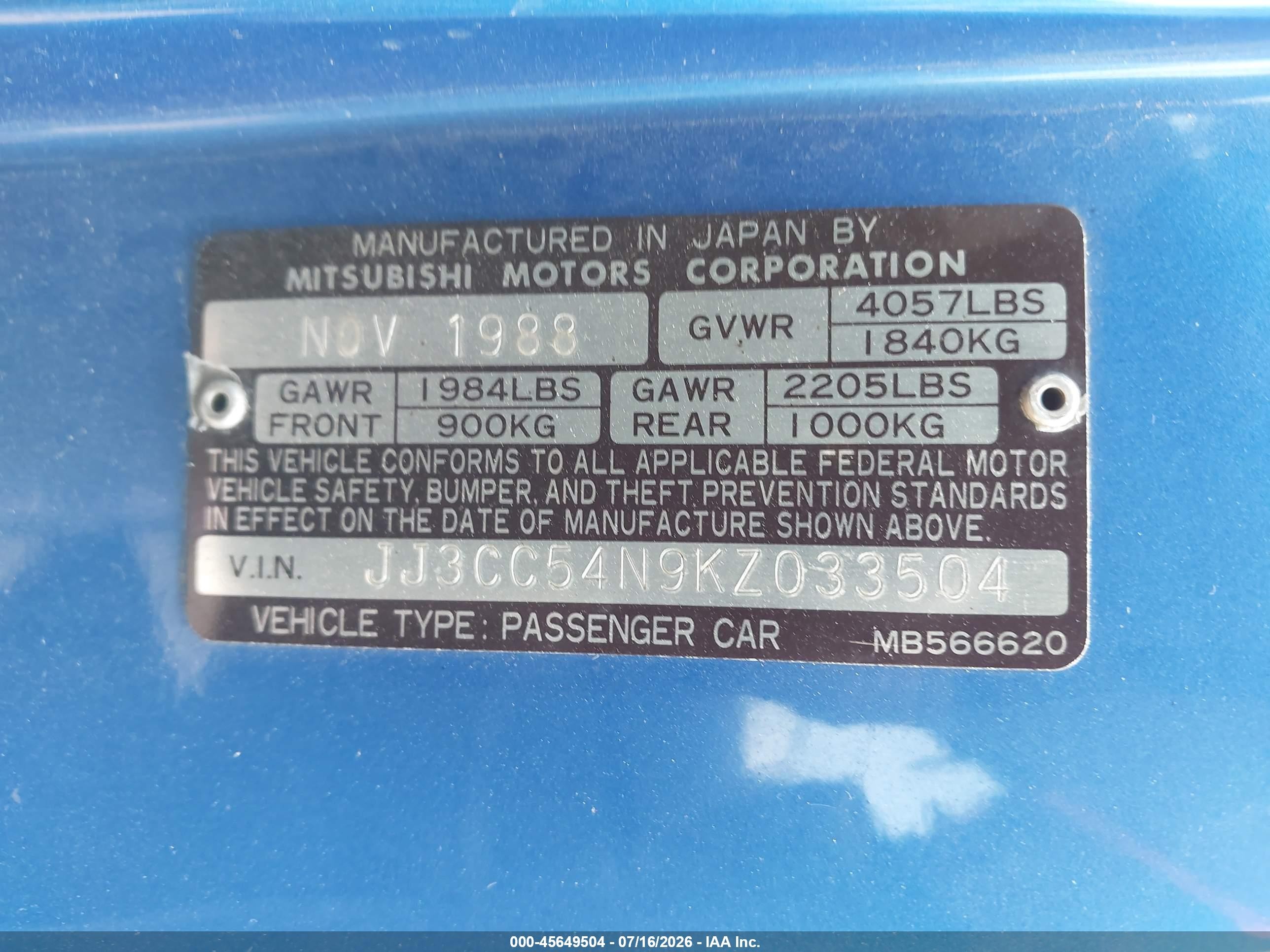 1989 Chrysler Conquest Tsi Blue vin: JJ3CC54N9KZ033504