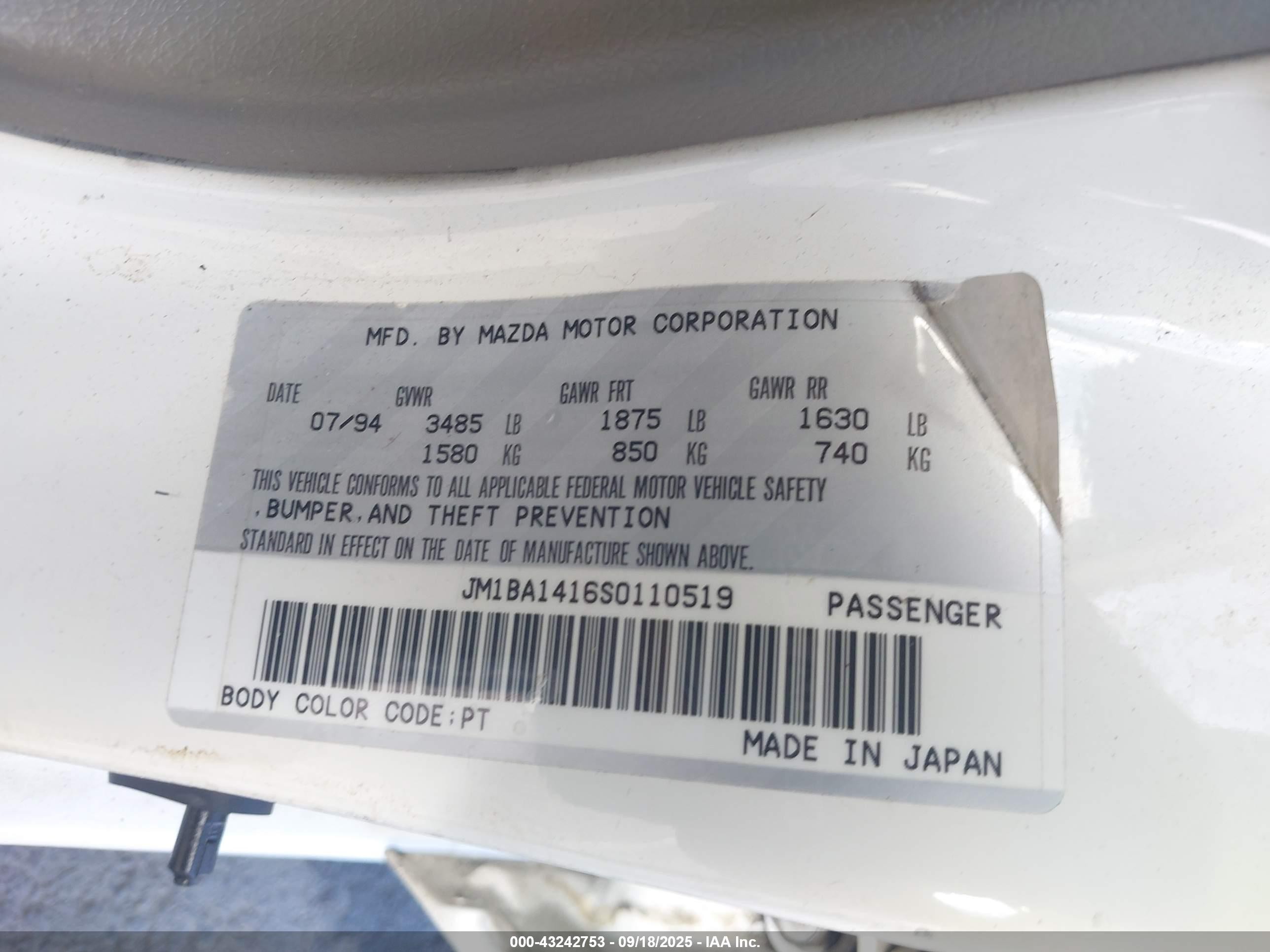 1995 Mazda Protege Dx/lx White vin: JM1BA1416S0110519