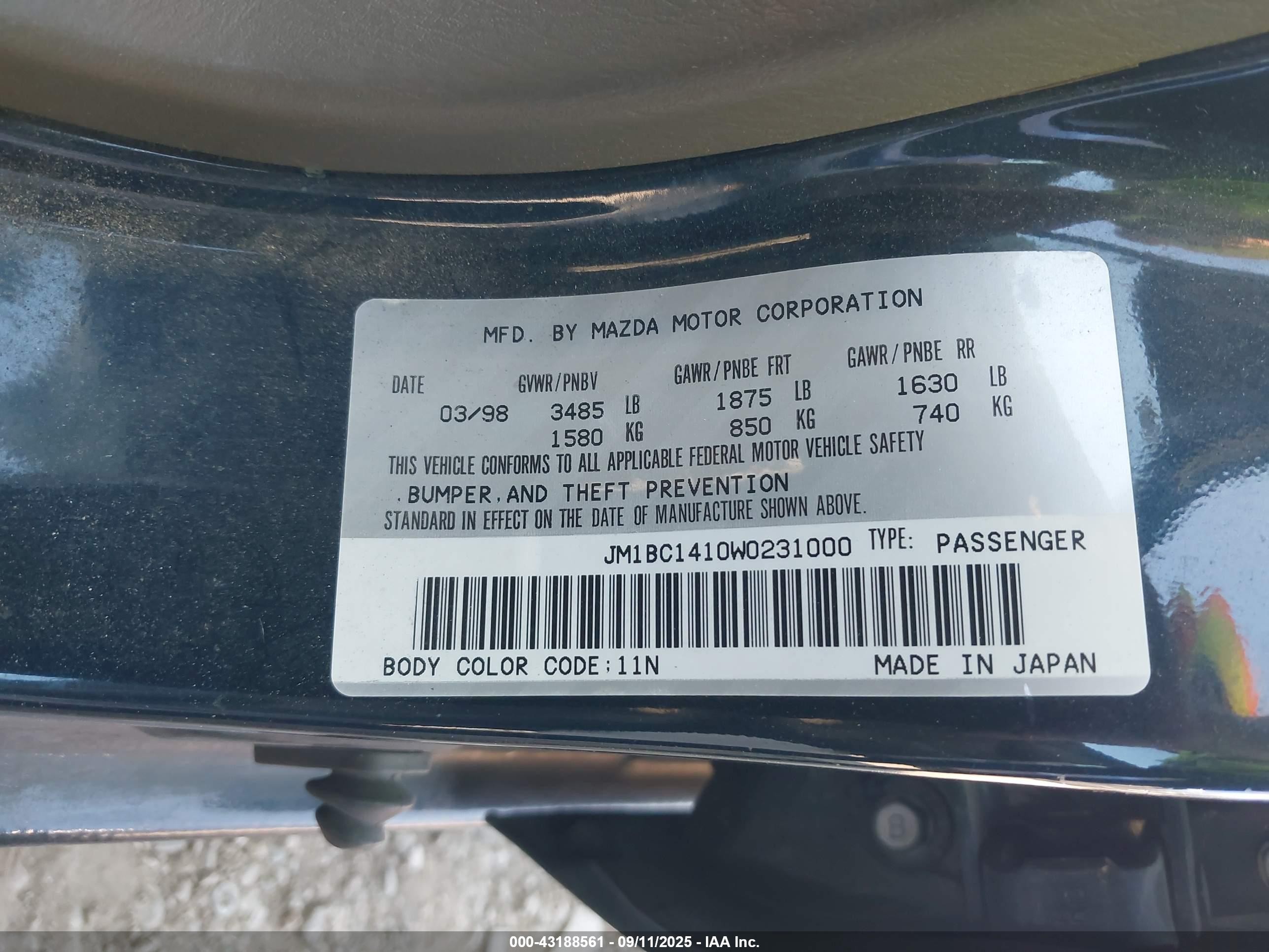 1998 Mazda Protege Dx/lx Синий vin: JM1BC1410W0231000