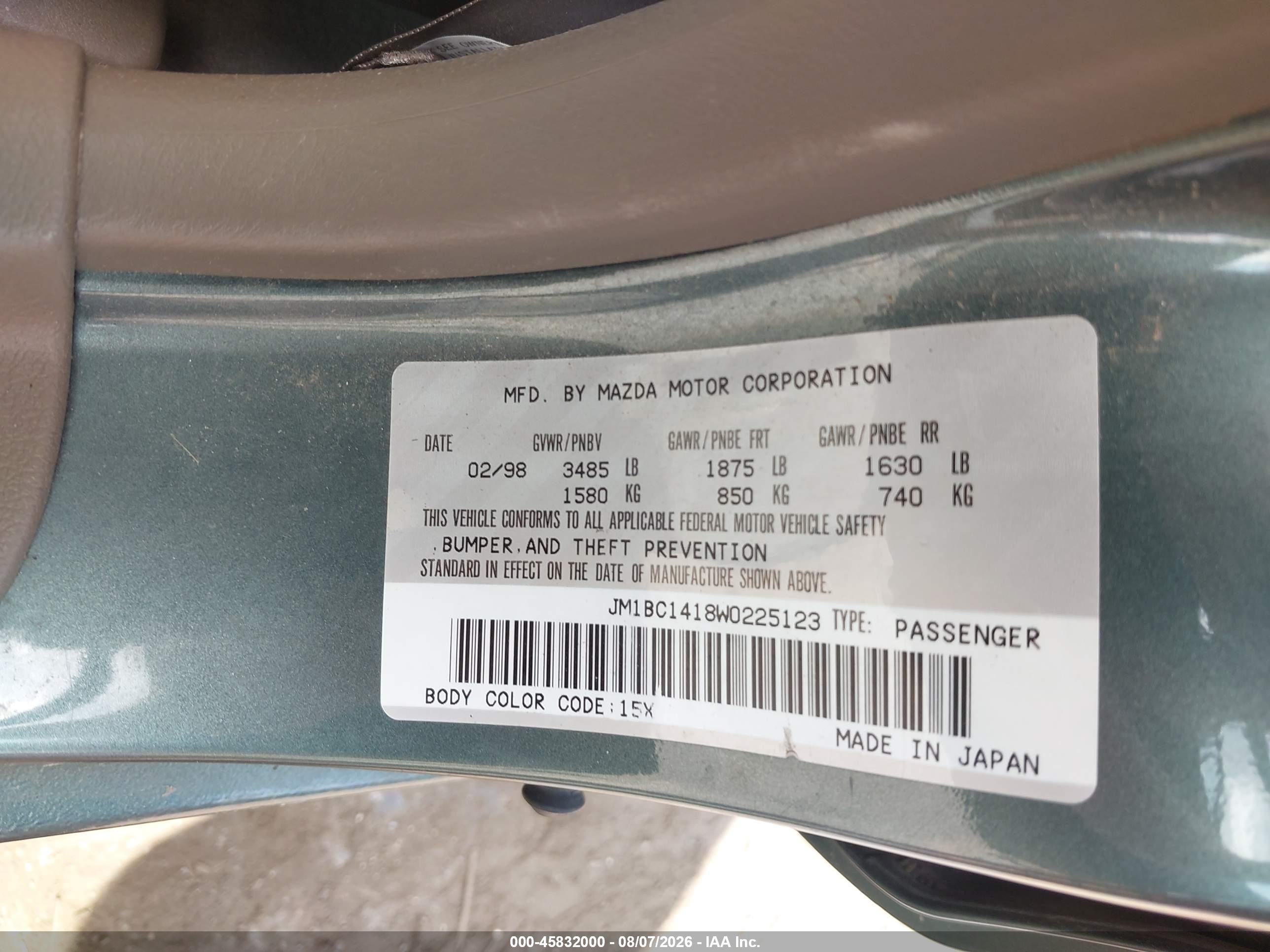 1998 Mazda Protege Dx/lx Green vin: JM1BC1418W0225123