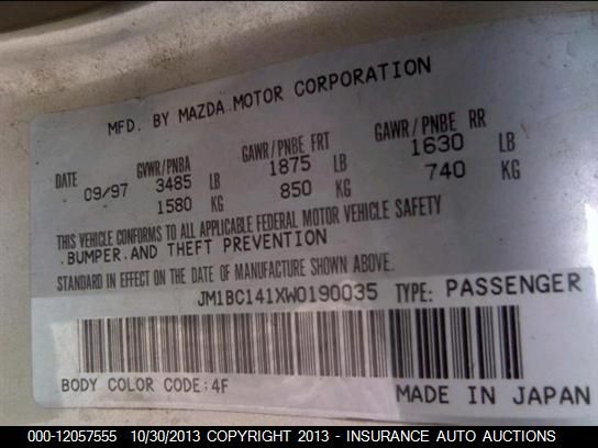 1998 Mazda Protege Dx vin: JM1BC141XW0190035