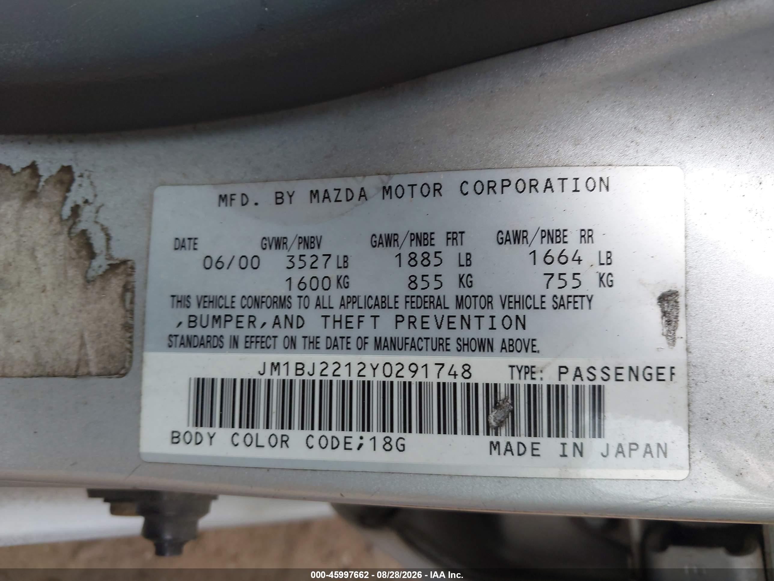 2000 Mazda Protege Es Silver vin: JM1BJ2212Y0291748