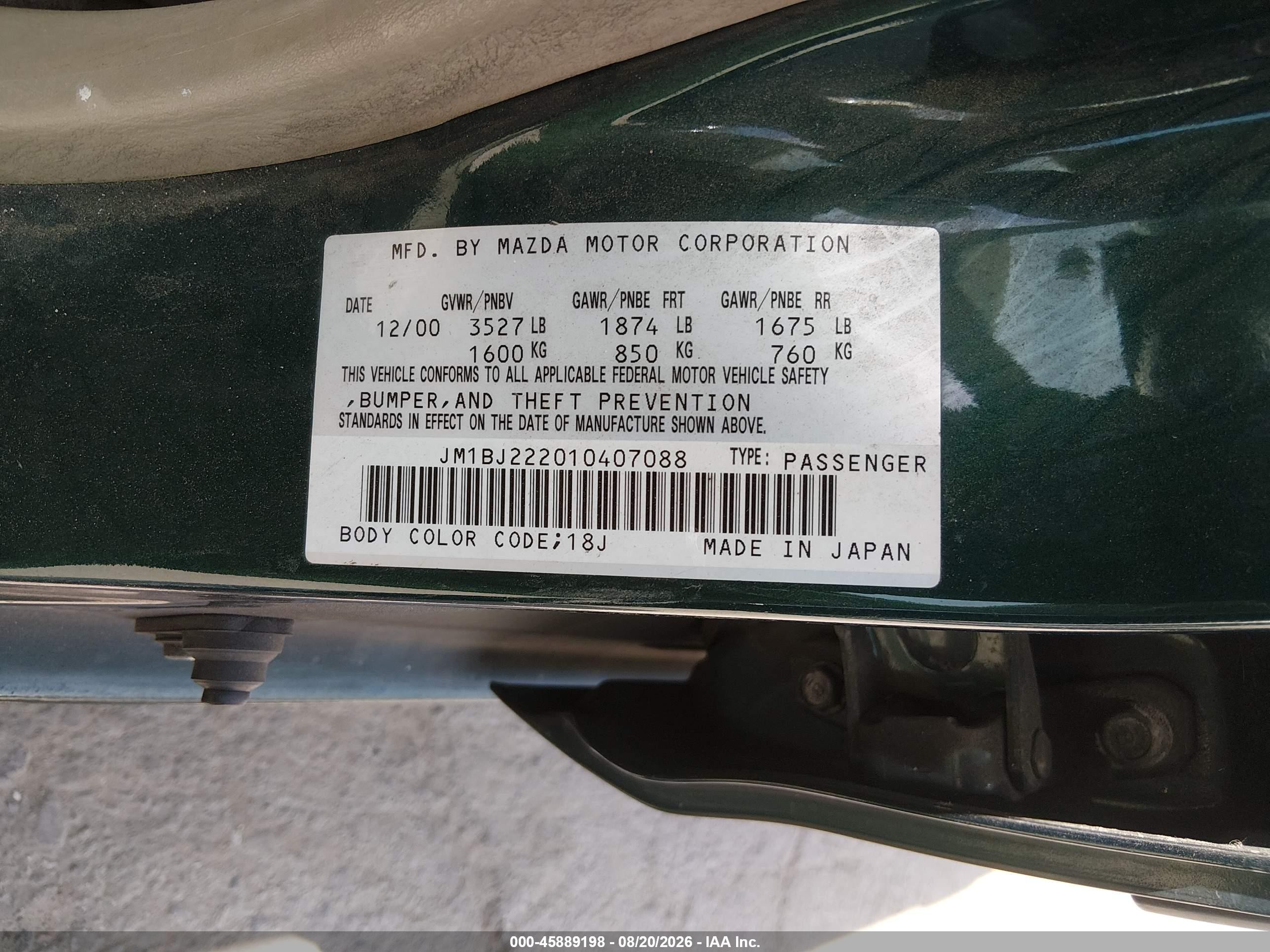 2001 Mazda Protege Dx/lx Green vin: JM1BJ222010407088