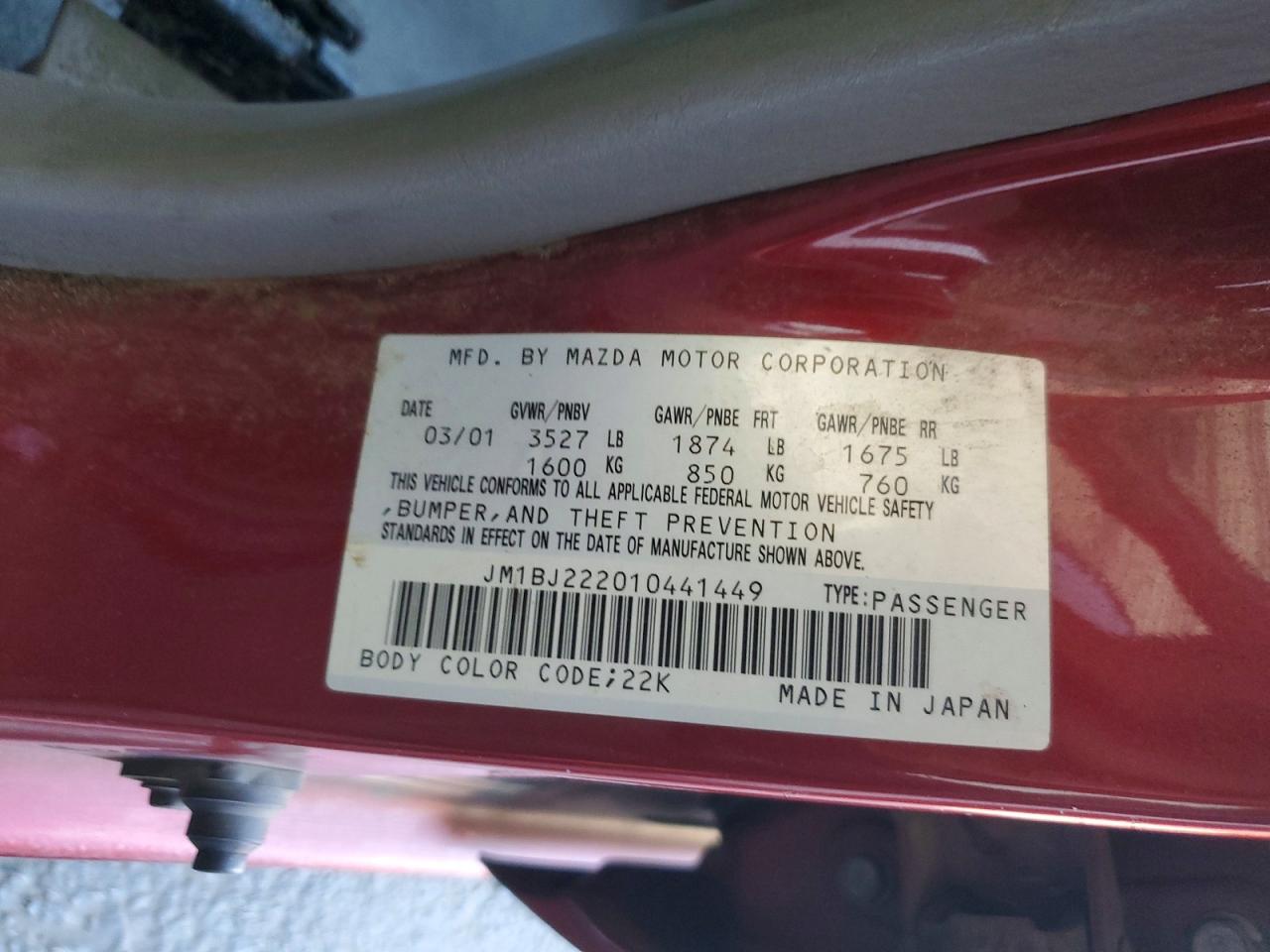 2001 Mazda Protege Dx Red vin: JM1BJ222010441449