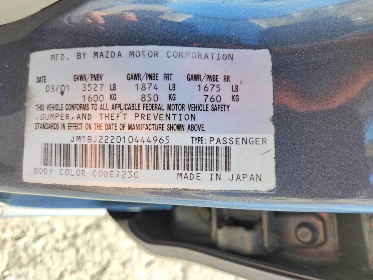 2001 Mazda Protege Dx Gray vin: JM1BJ222010444965