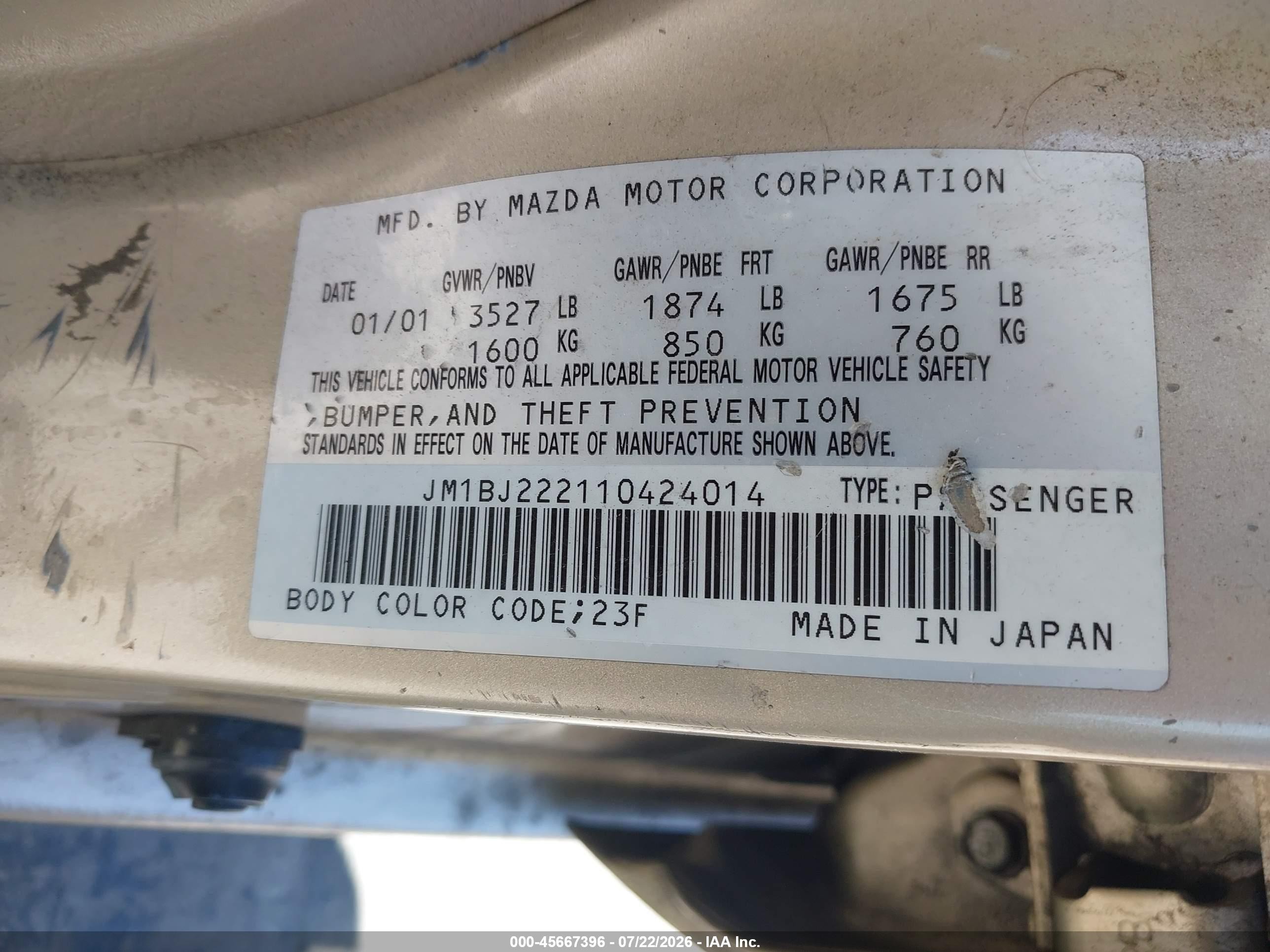 2001 Mazda Protege Dx/lx Gold vin: JM1BJ222110424014