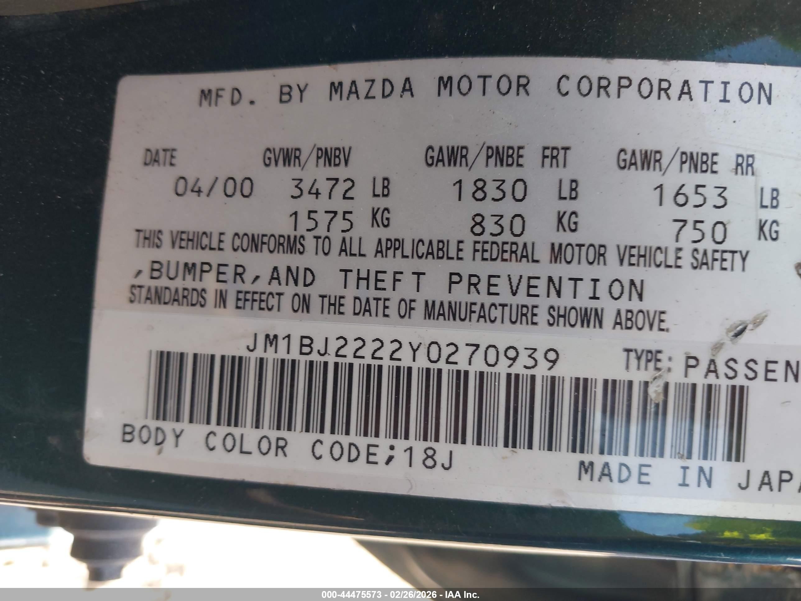 2000 Mazda Protege Dx/lx Green vin: JM1BJ2222Y0270939