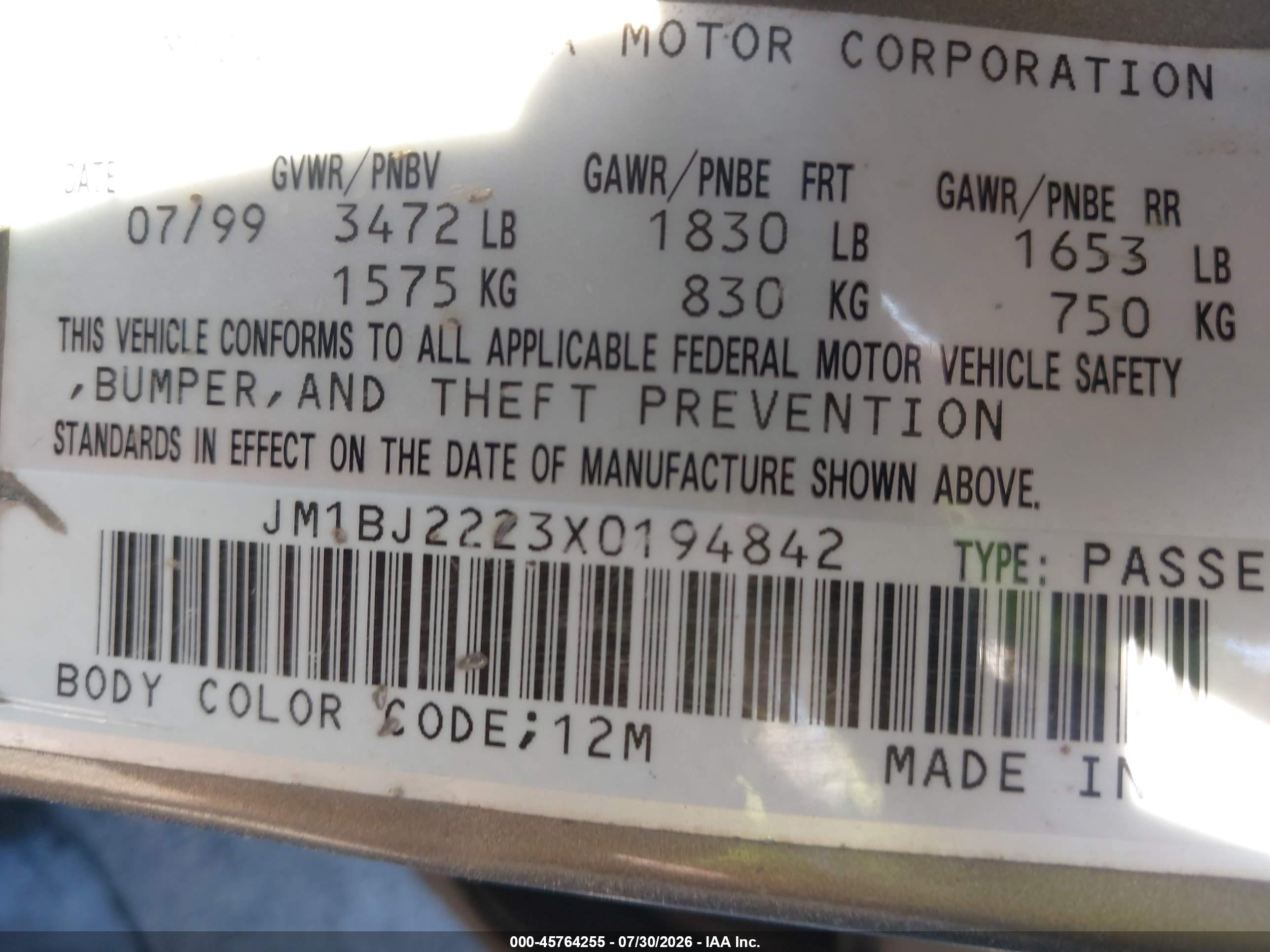 1999 Mazda Protege Dx/lx Brown vin: JM1BJ2223X0194842
