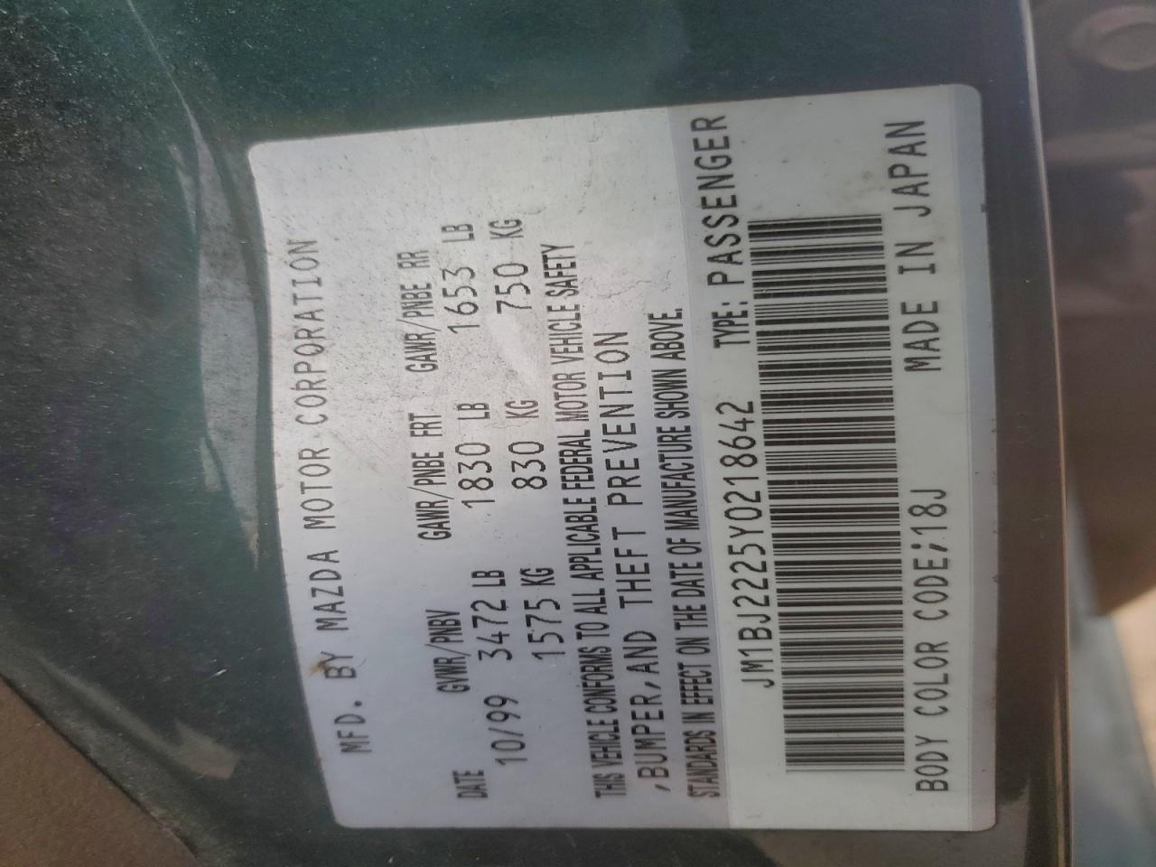 2000 Mazda Protege Dx Green vin: JM1BJ2225Y0218642