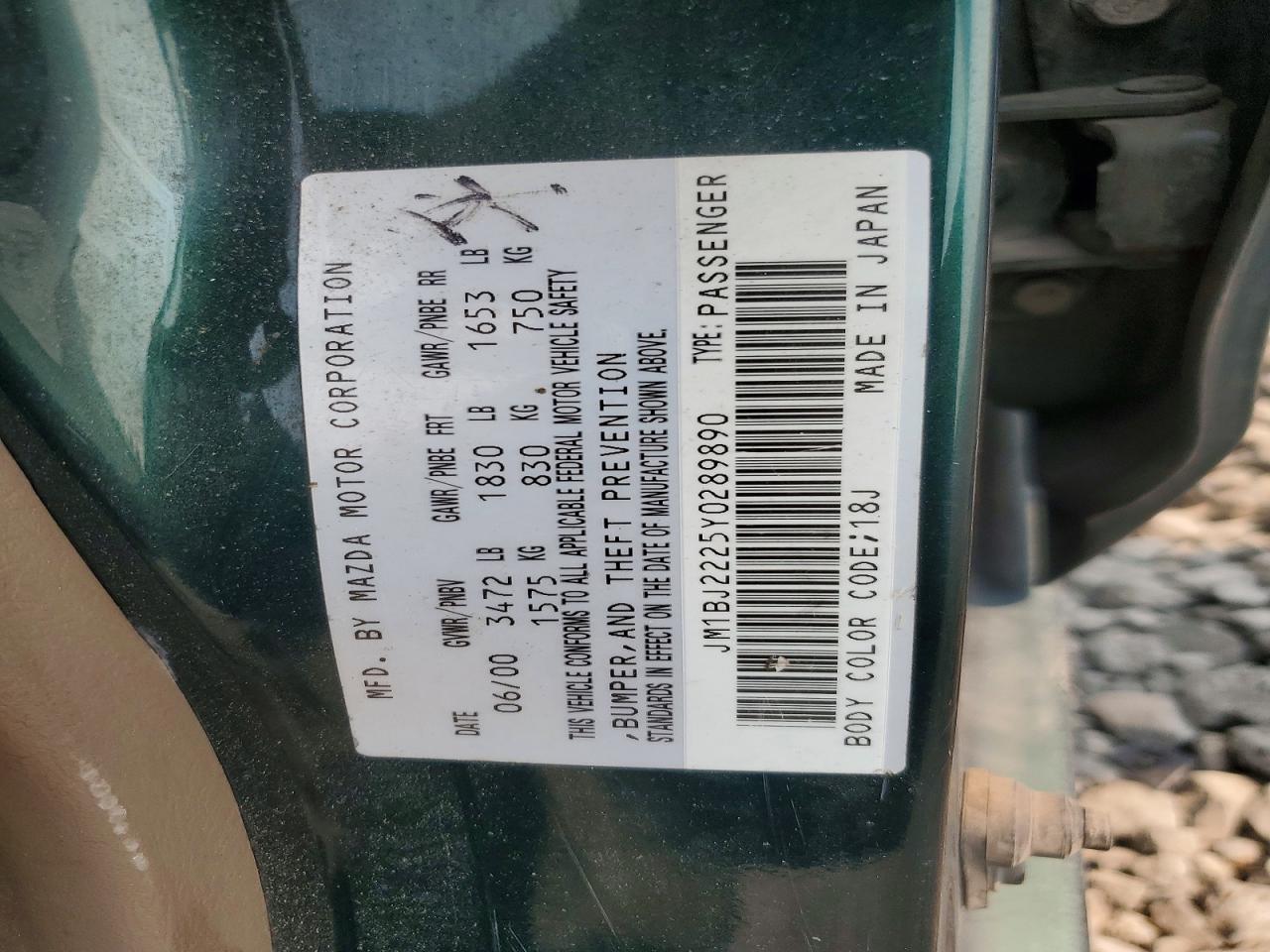 2000 Mazda Protege Dx Green vin: JM1BJ2225Y0289890