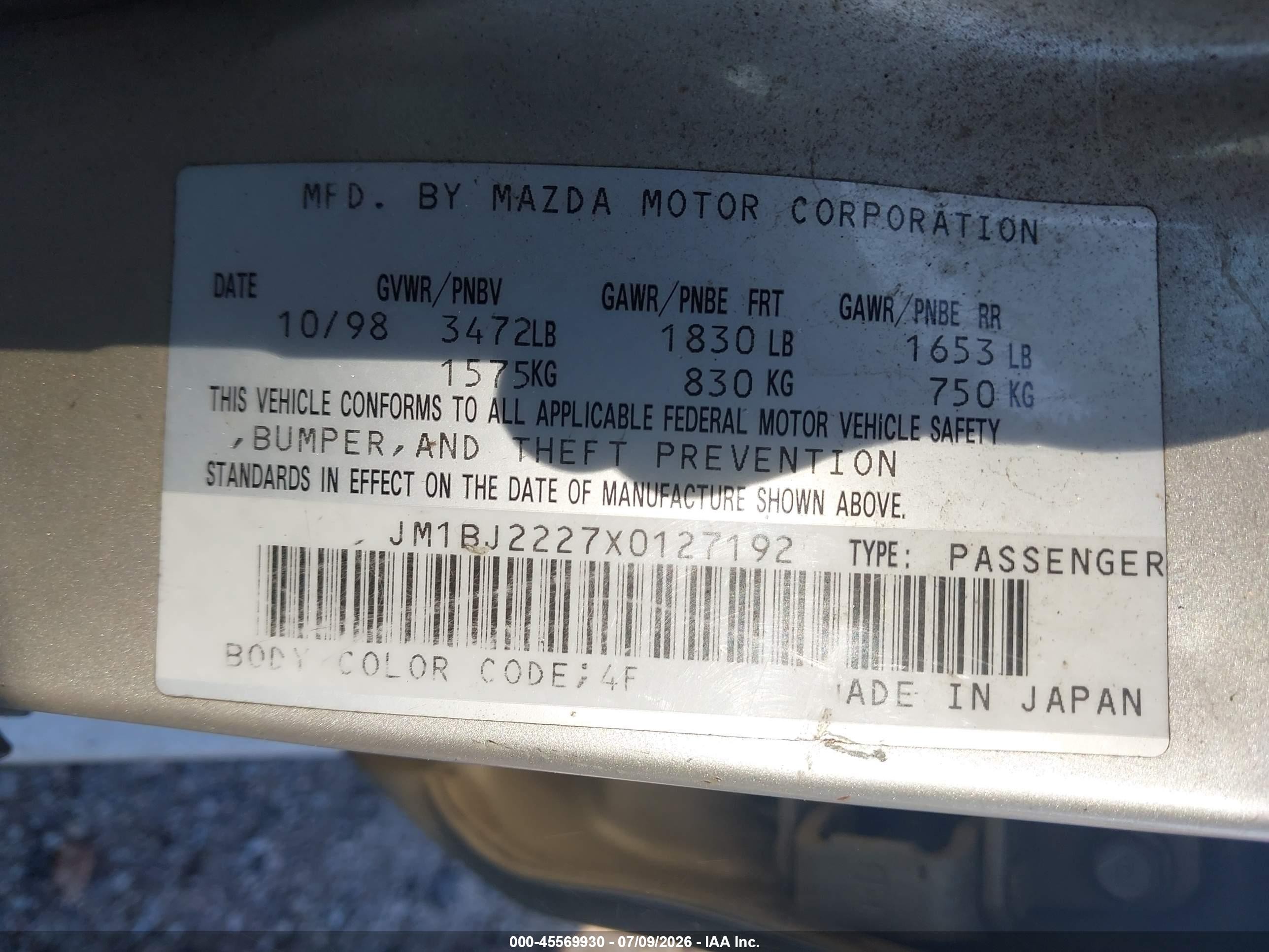 1999 Mazda Protege Dx/lx Tan vin: JM1BJ2227X0127192