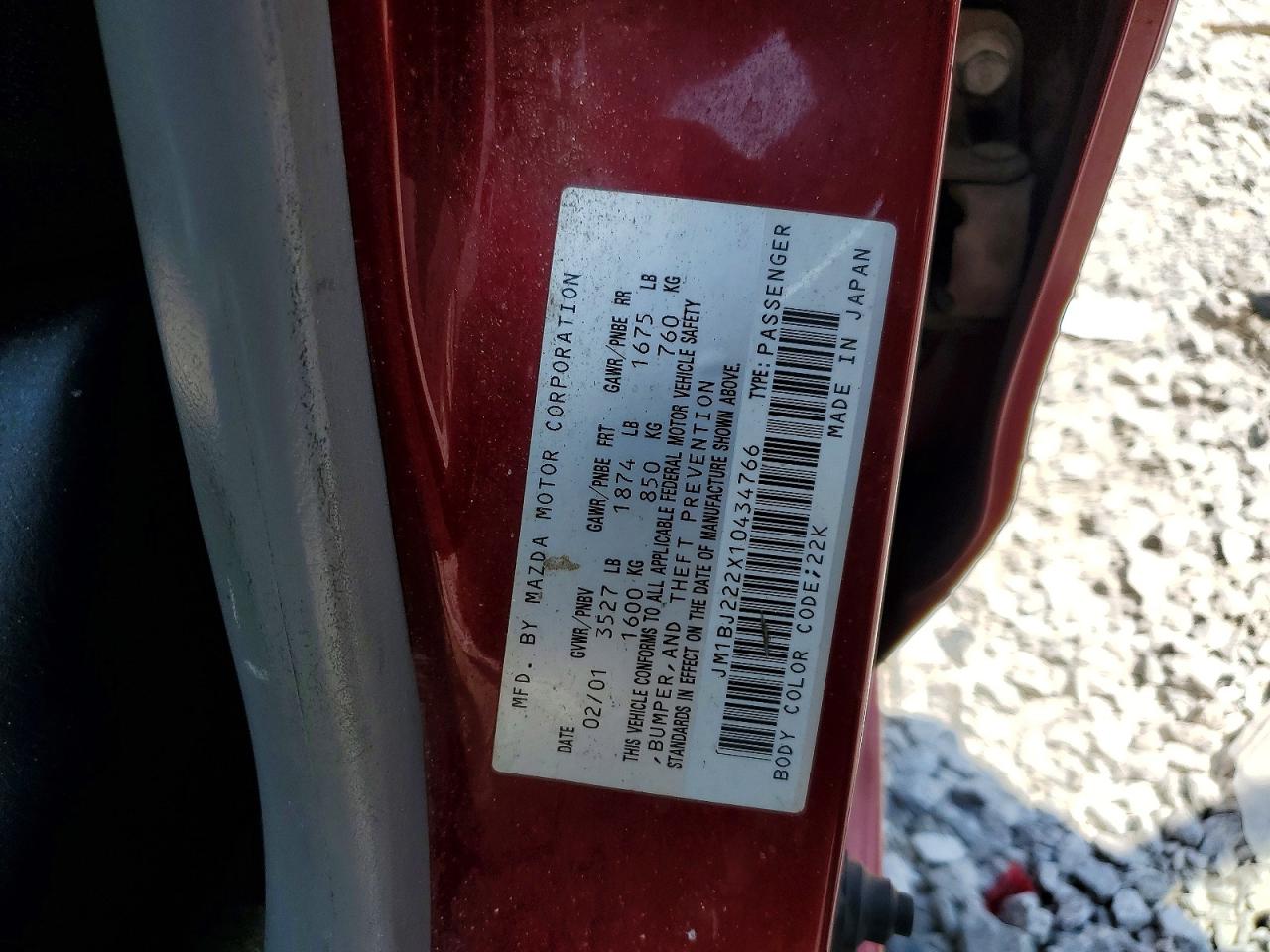 2001 Mazda Protege Dx Бордовый vin: JM1BJ222X10434766