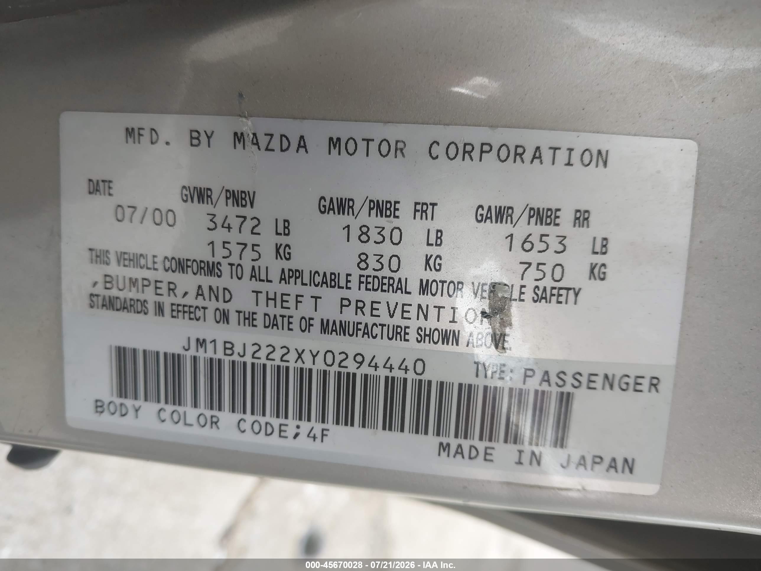 2000 Mazda Protege Dx/lx Золотой vin: JM1BJ222XY0294440