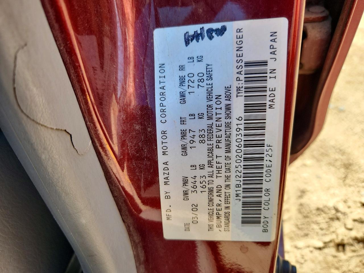 2002 Mazda Protege Dx Red vin: JM1BJ225020603916