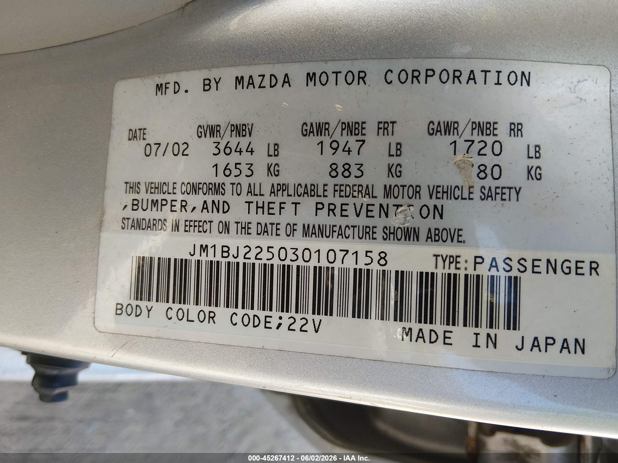 2003 Mazda Protege Dx/es/lx Silver vin: JM1BJ225030107158
