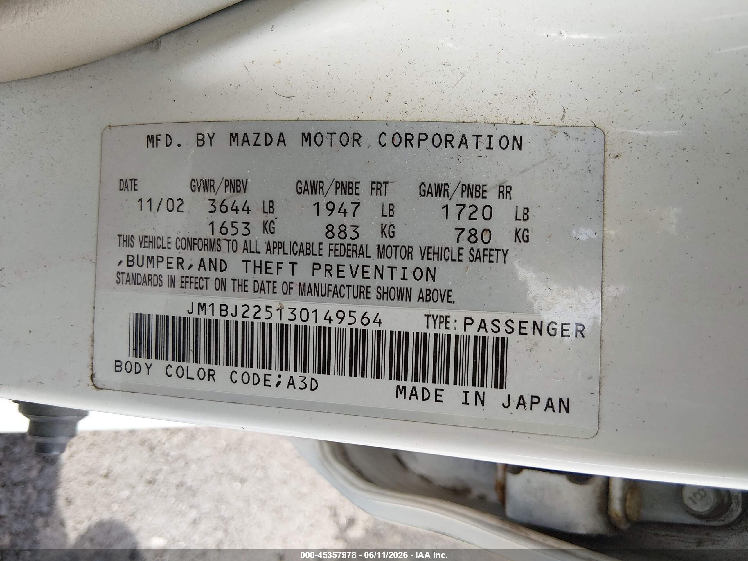 2003 Mazda Protege Dx/es/lx White vin: JM1BJ225130149564