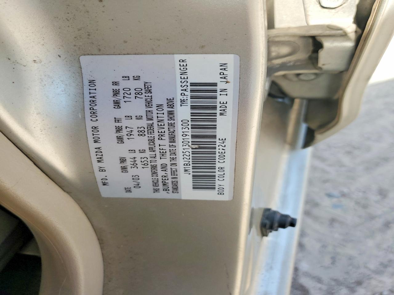 2003 Mazda Protege Dx Gold vin: JM1BJ225130191300