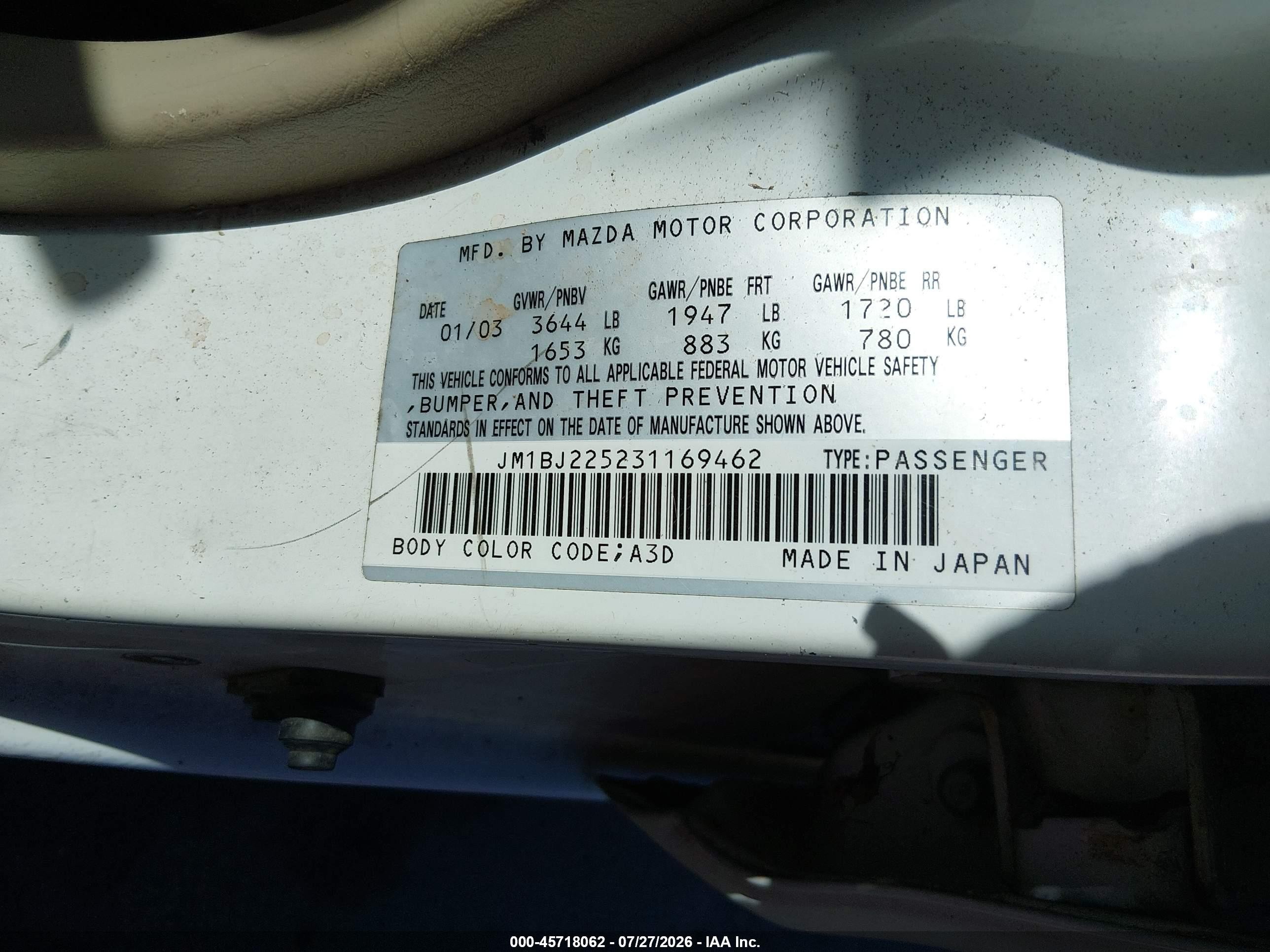 2003 Mazda Protege Dx/es/lx White vin: JM1BJ225231169462