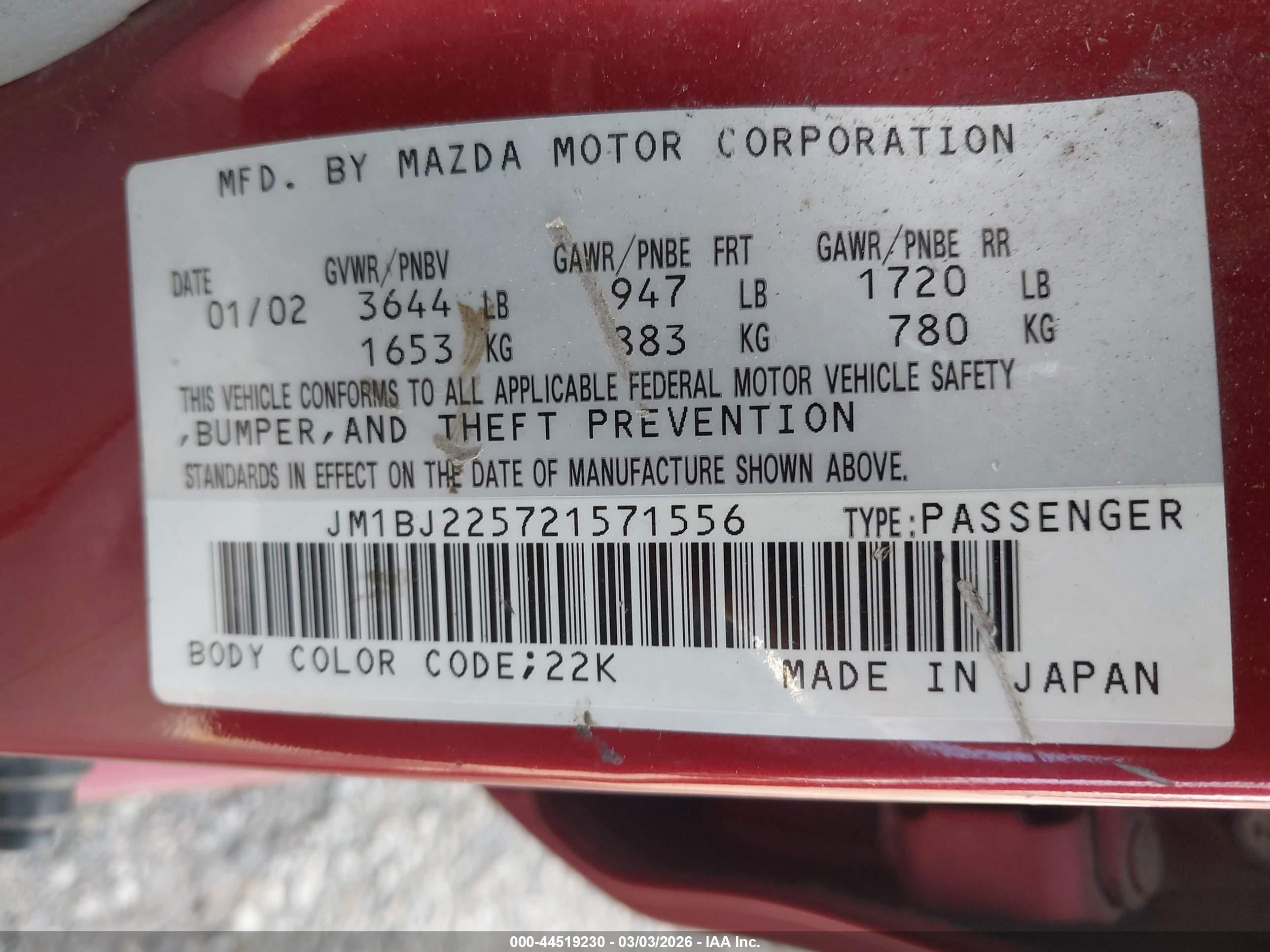 2002 Mazda Protege Dx/es/lx Red vin: JM1BJ225721571556