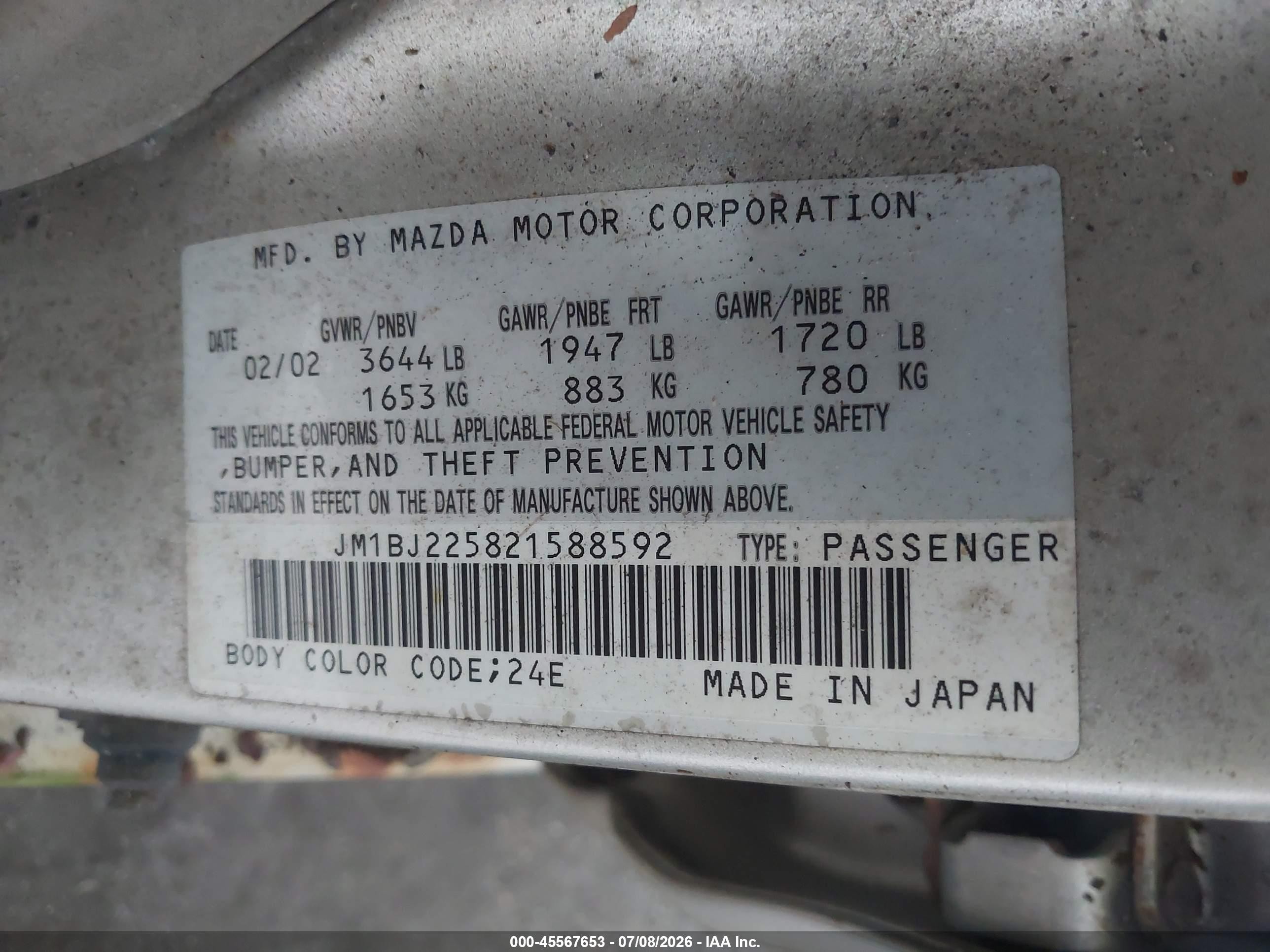 2002 Mazda Protege Dx/es/lx Beige vin: JM1BJ225821588592