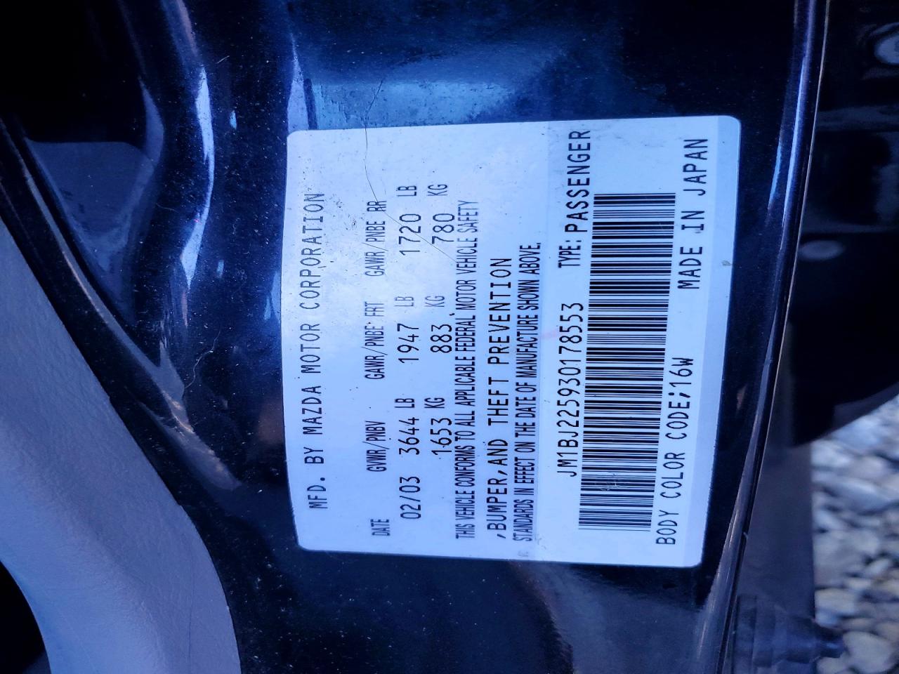2003 Mazda Protege Dx Black vin: JM1BJ225930178553