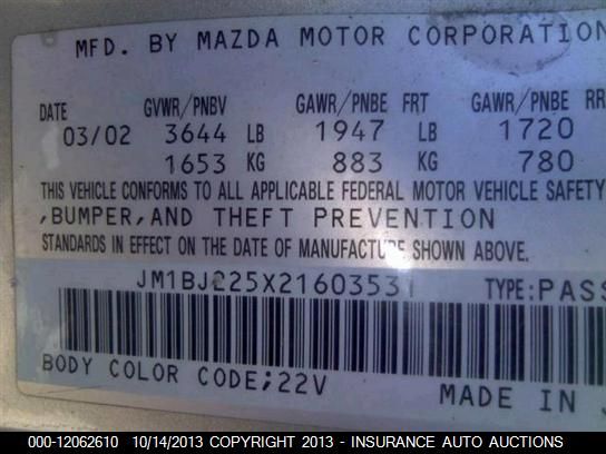 2002 Mazda Protege Dx vin: JM1BJ225X21603531