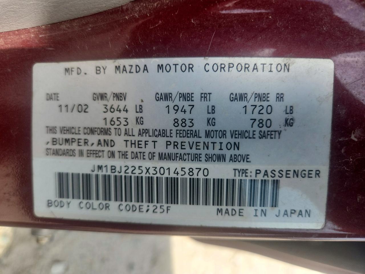 2003 Mazda Protege Dx Burgundy vin: JM1BJ225X30145870