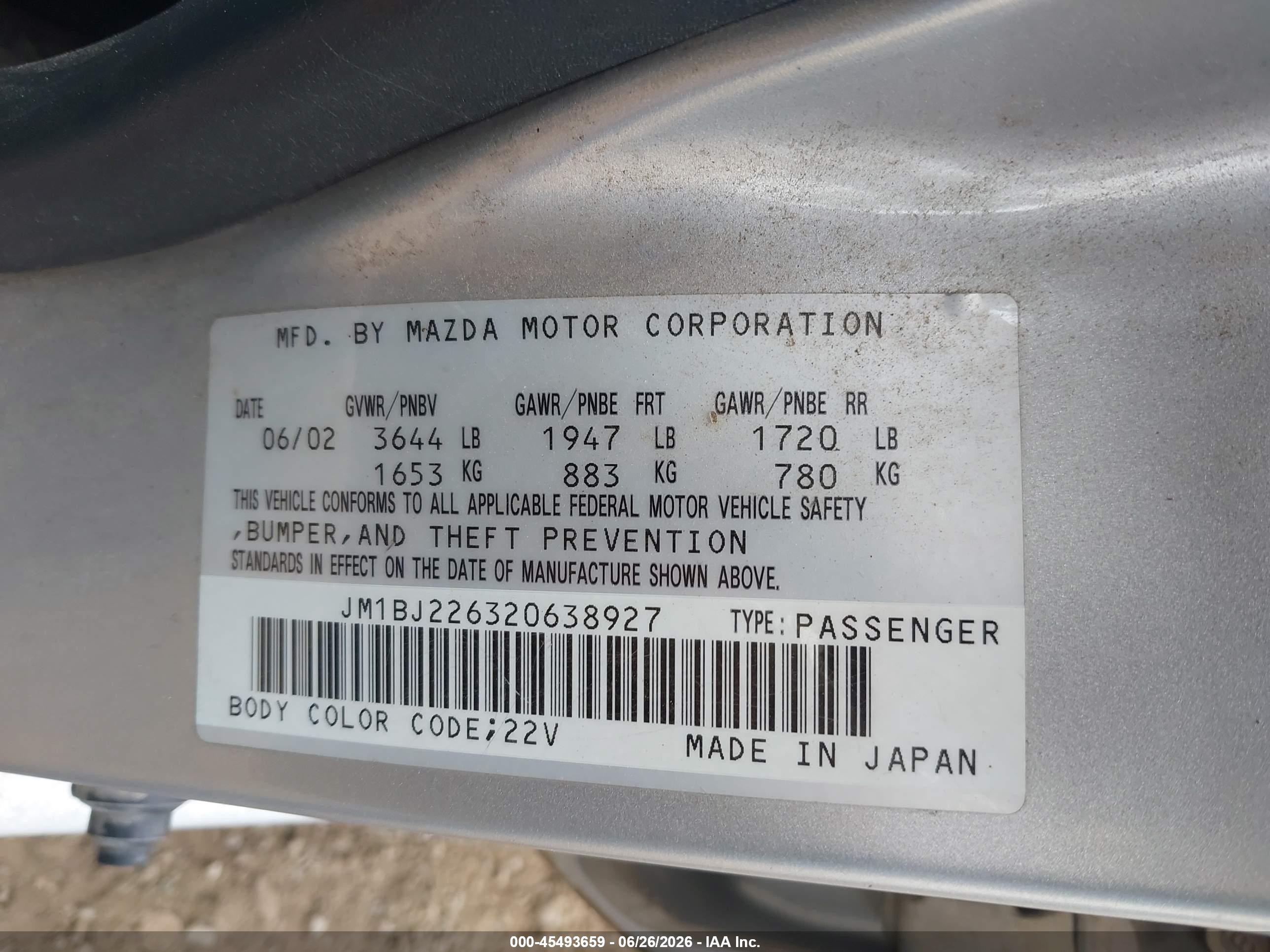 2002 Mazda Protege Dx/es/lx White vin: JM1BJ226320638927
