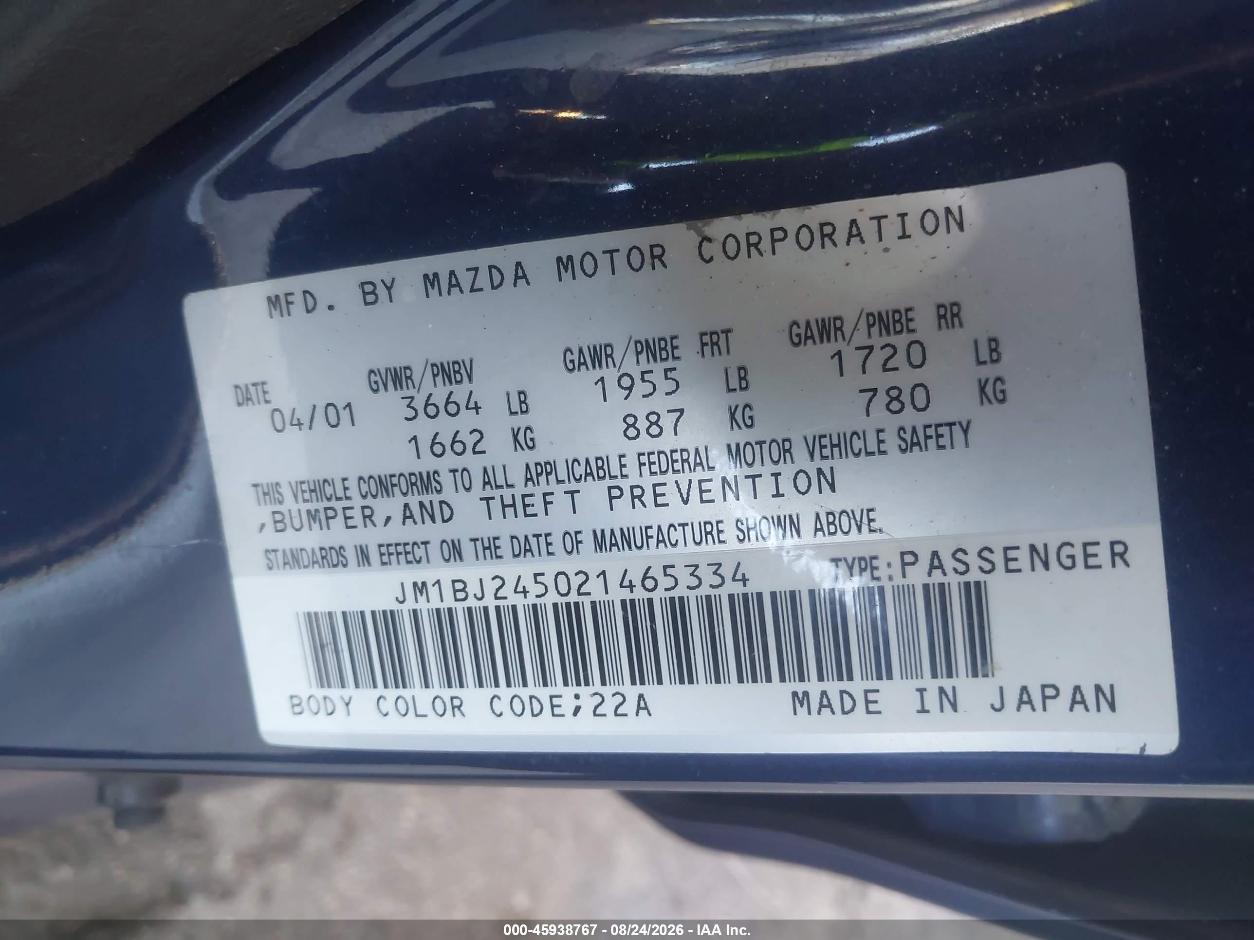 2002 Mazda Protege5   Blue vin: JM1BJ245021465334
