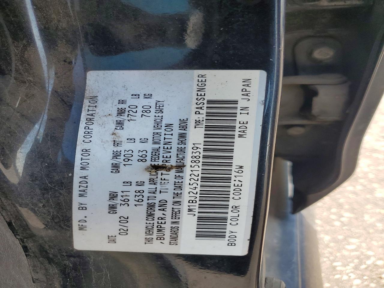 2002 Mazda Protege Pr5 Black vin: JM1BJ245221588391